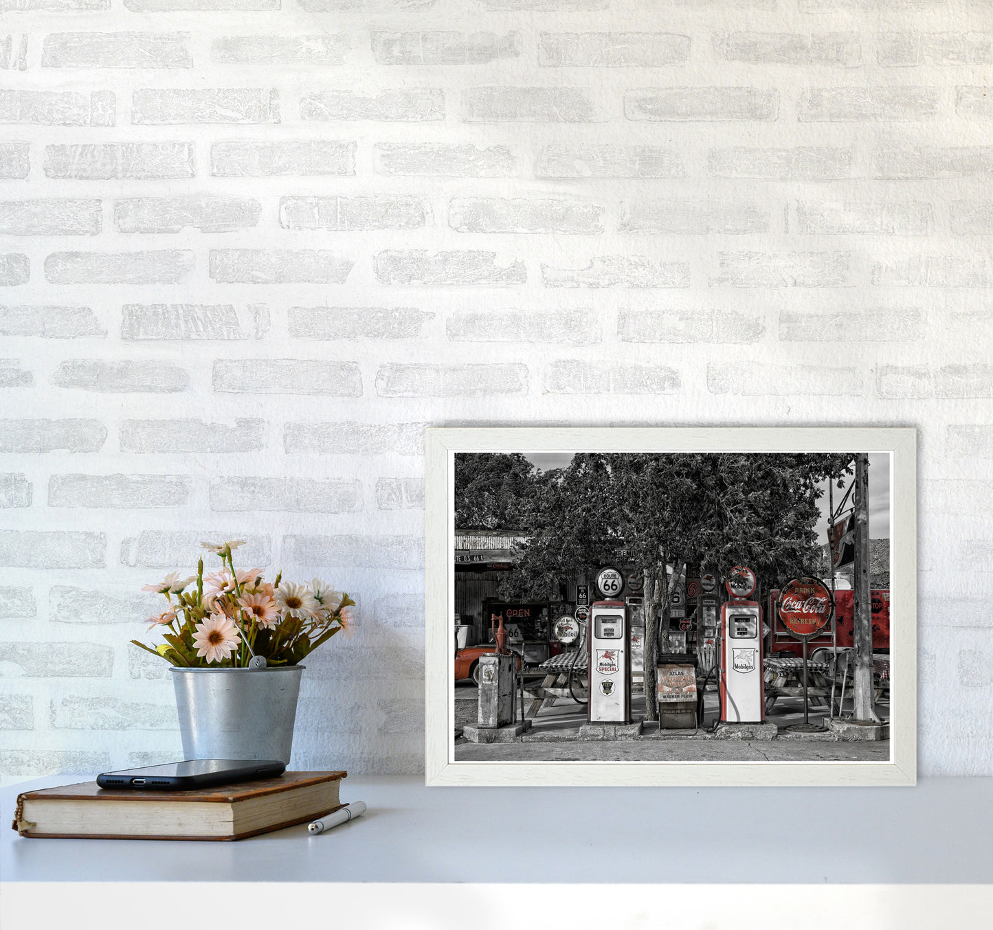 Retro Black And Red Gas Pumps Modern Print A3 Oak Frame