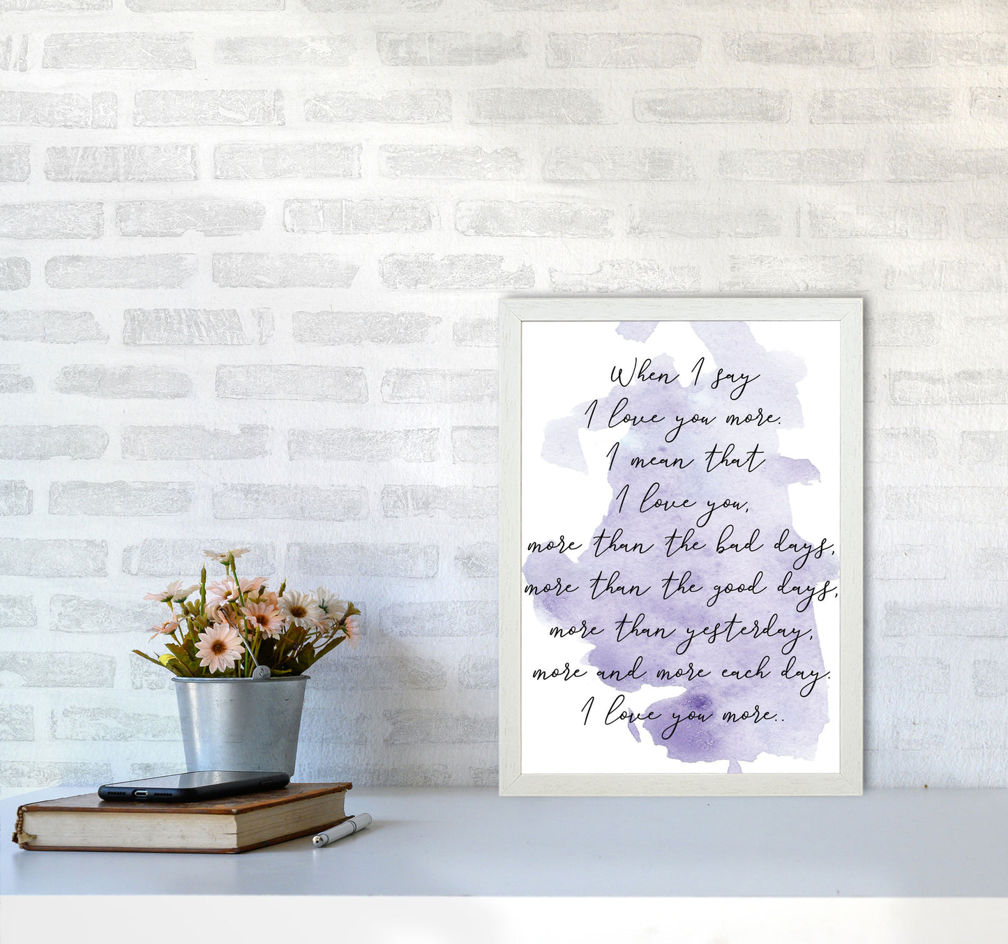 Love You More Purple Watercolour Modern Print A3 Oak Frame