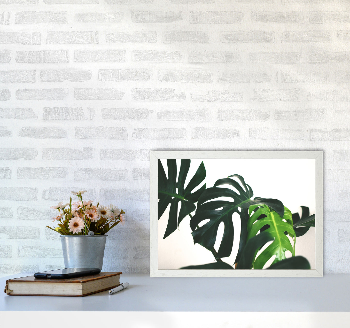 Monstera Leaf Landscape Modern Print, Framed Botanical & Nature Art Print A3 Oak Frame