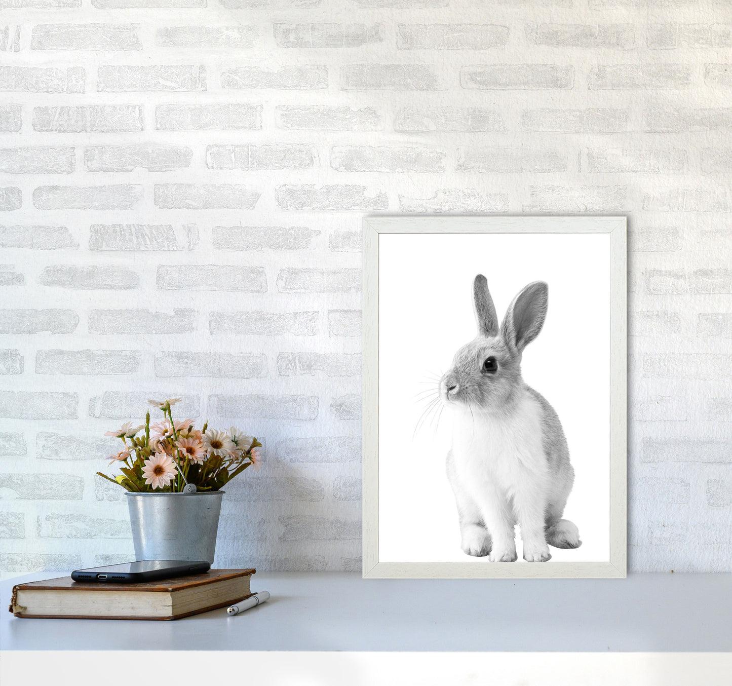Black And White Bunny Modern Print Animal Art Print A3 Oak Frame