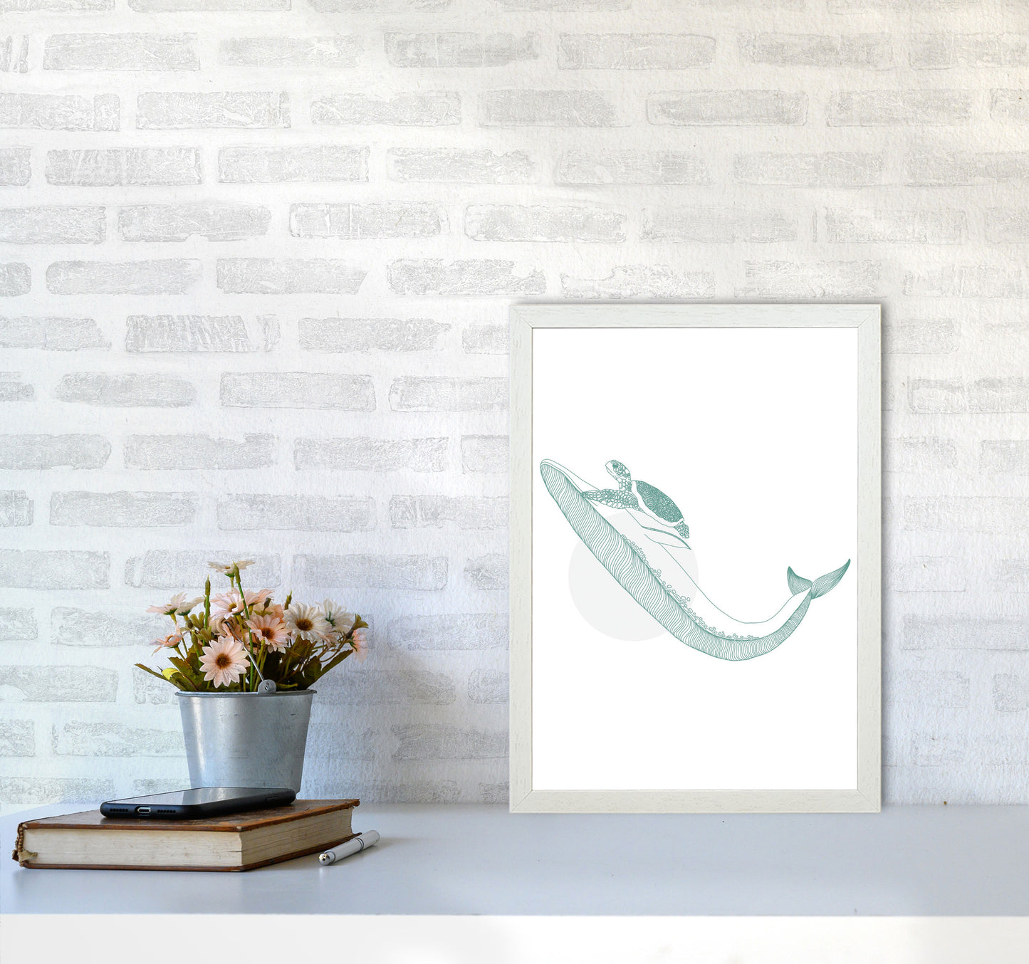 Marine Animals Whale And Turtle Modern Print Animal Art Print A3 Oak Frame