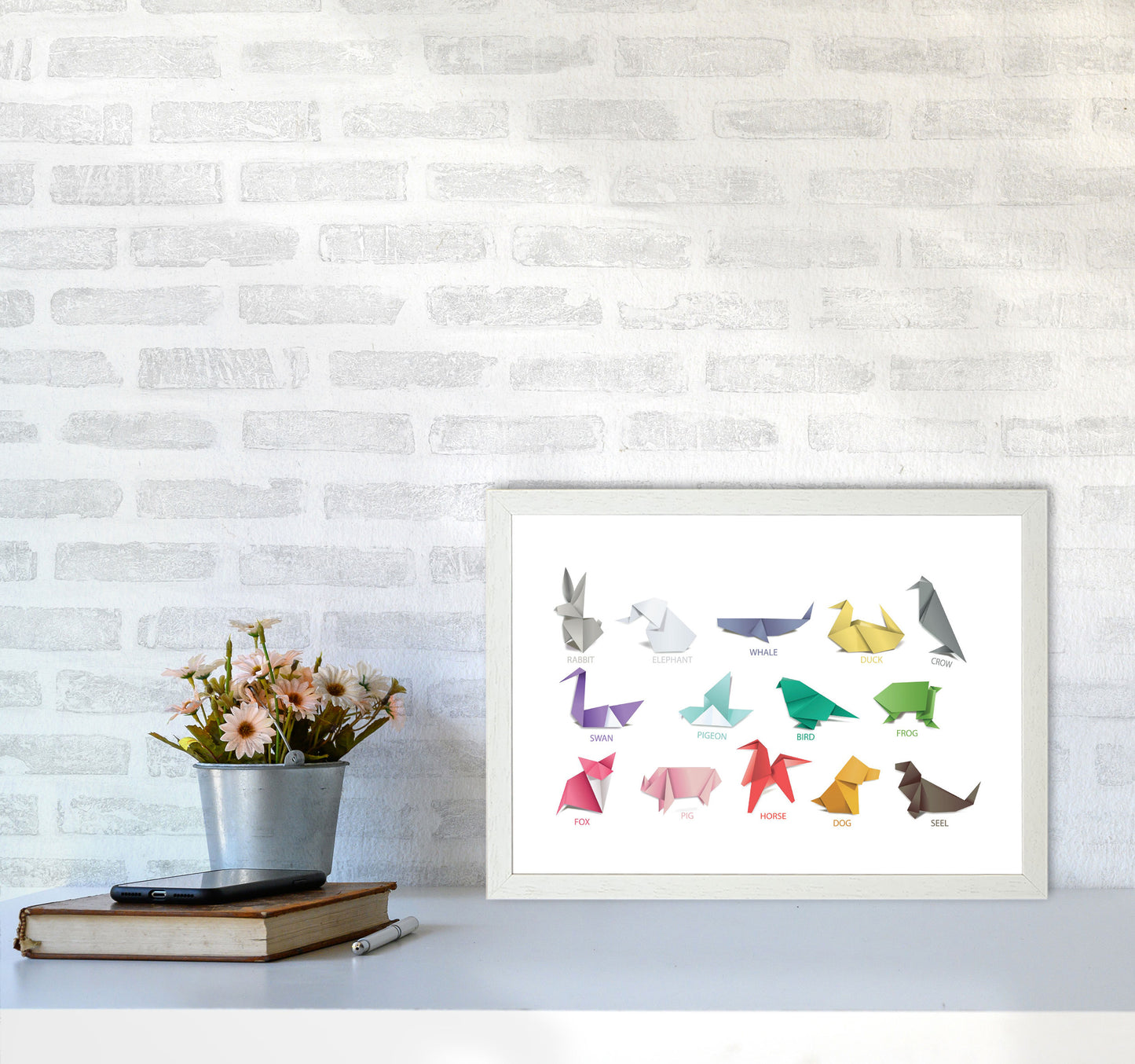 Origami Animals Modern Print A3 Oak Frame