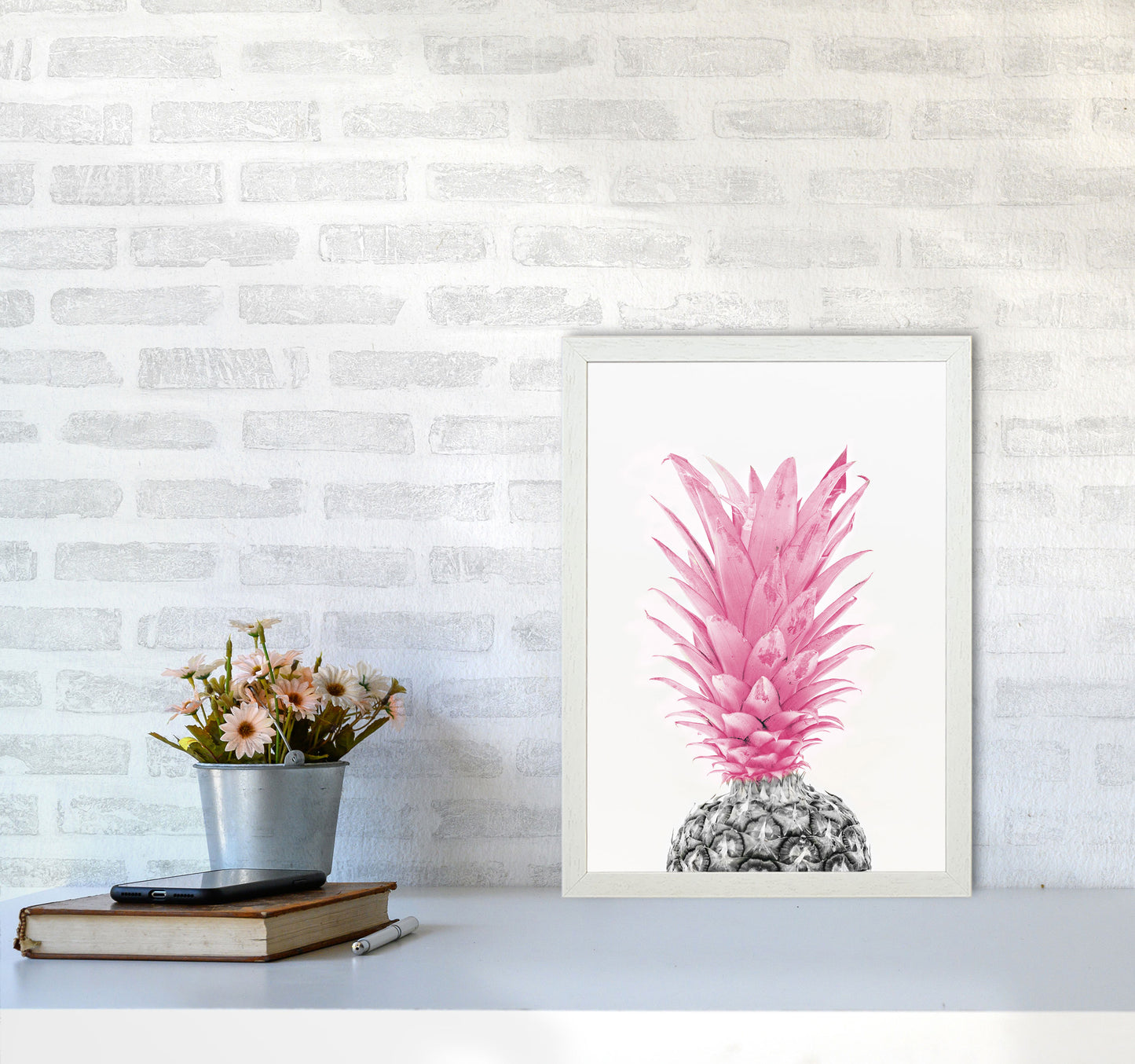 Black And Pink Pineapple Modern Print, Framed Kitchen Wall Art A3 Oak Frame