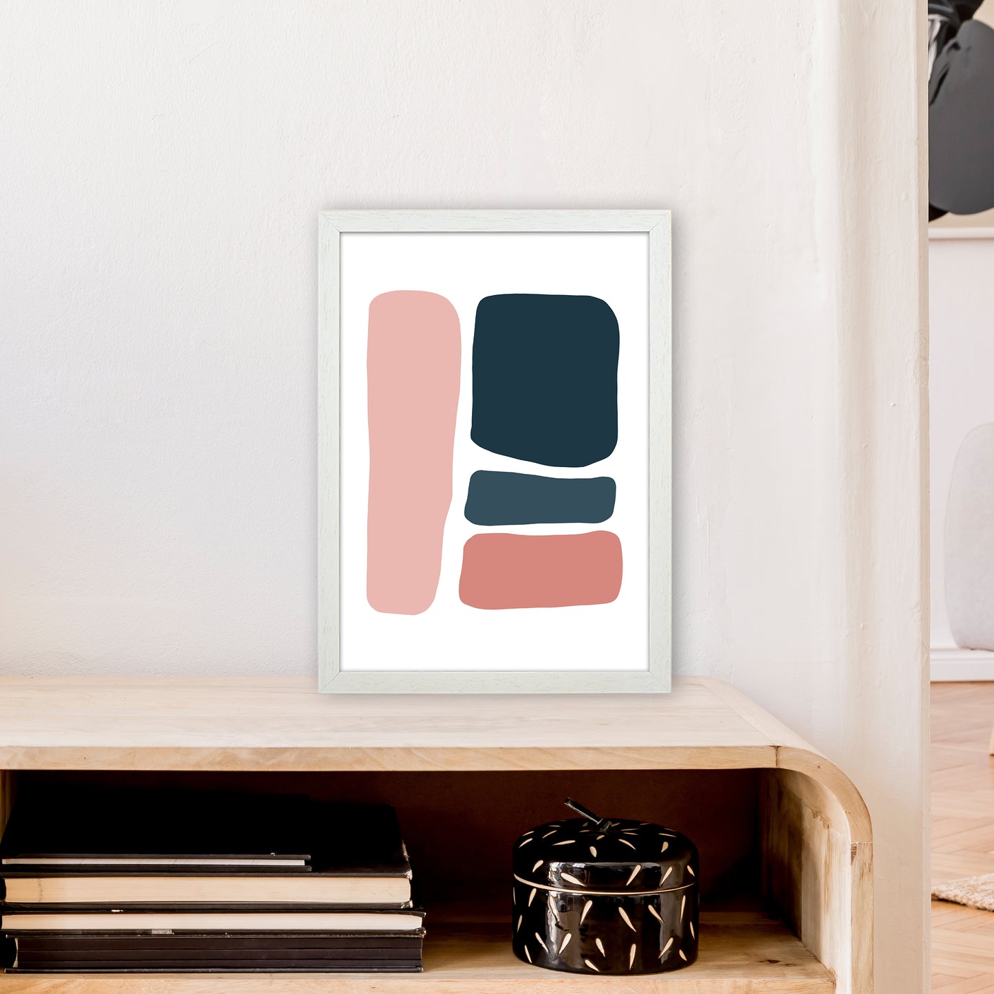 Pink And Navy Abstract Stones 3 Art Print by Pixy Paper A3 Oak Frame