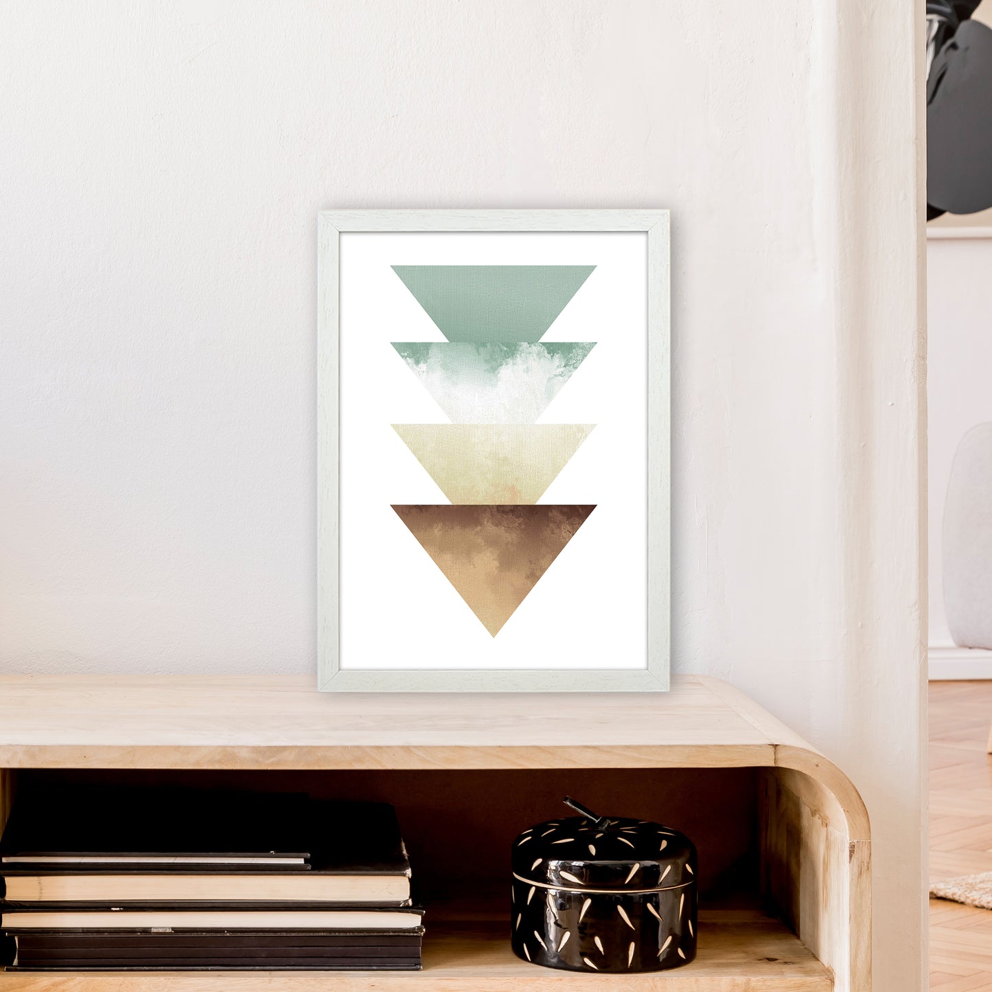 Green And Beige Watercolour Triangles Abstract Art Print by Pixy Paper A3 Oak Frame