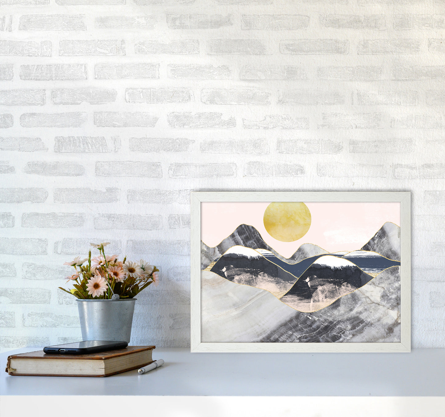 Gold Moon Navy Marble Mountains Landscape Art Print by Pixy Paper A3 Oak Frame