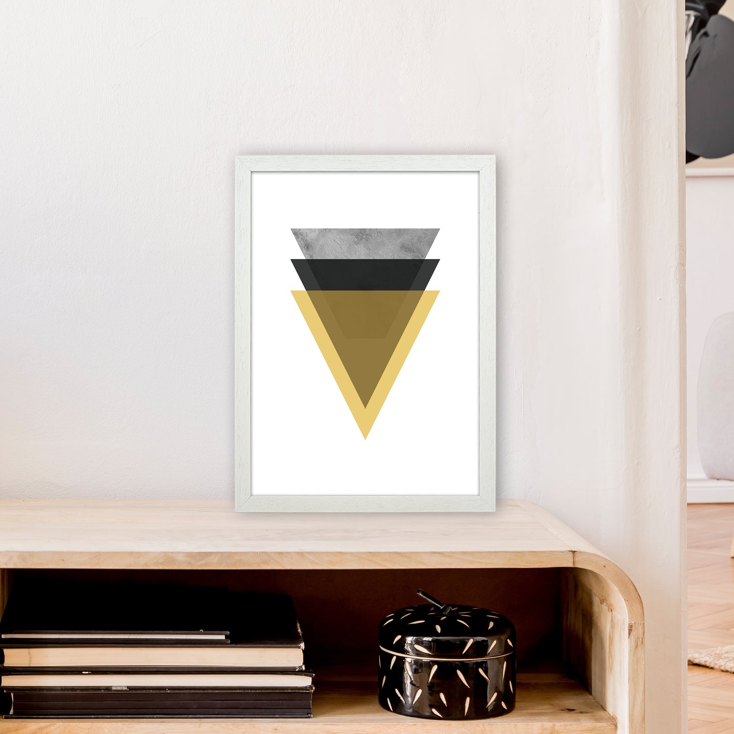 Geometric Mustard And Black Triangles Art Print by Pixy Paper A3 Oak Frame