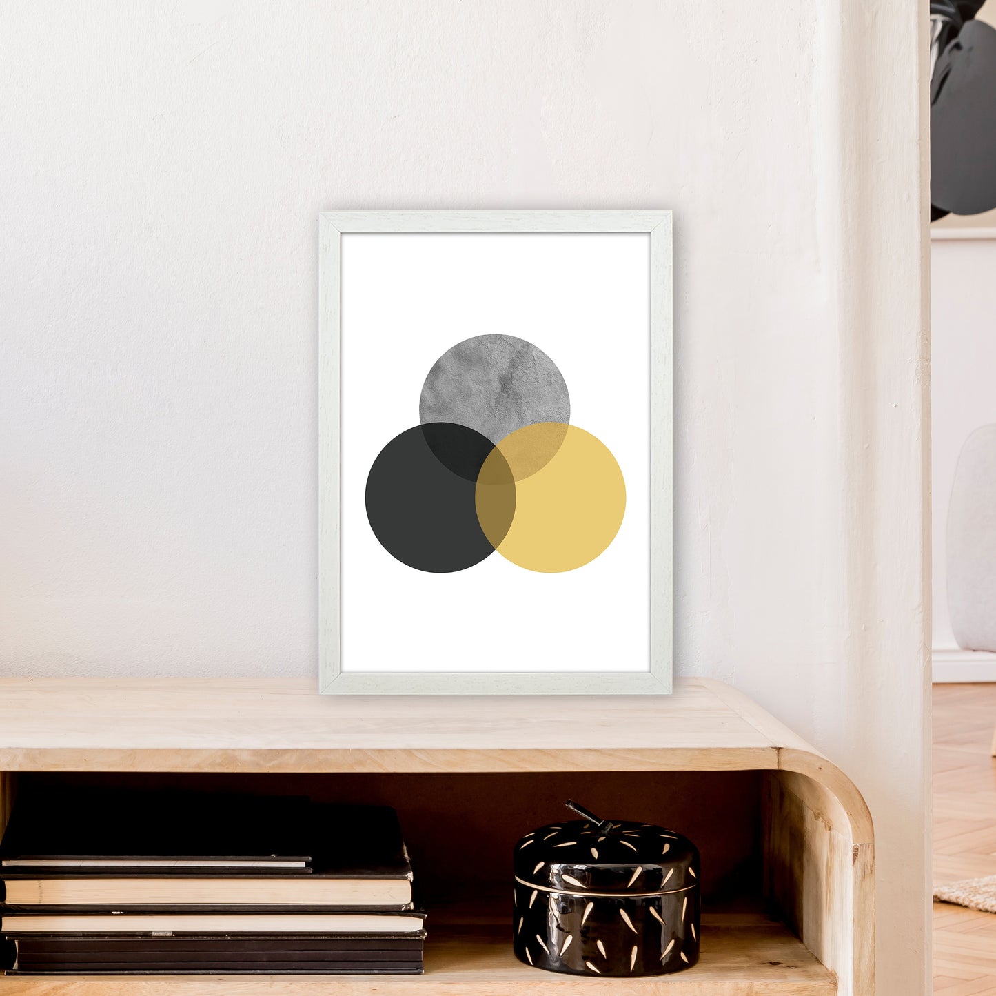 Geometric Mustard And Black Circles Art Print by Pixy Paper A3 Oak Frame
