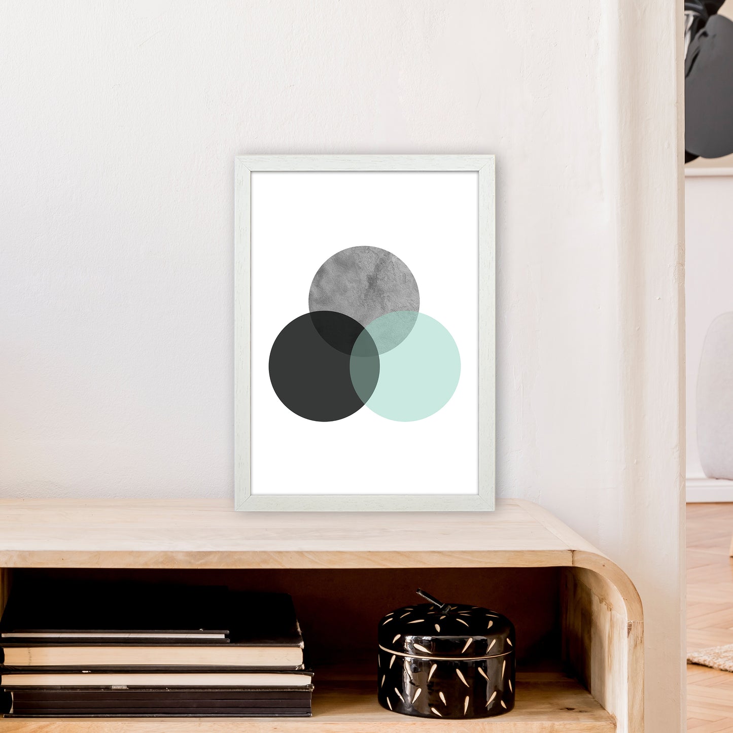 Geometric Mint And Black Circles Art Print by Pixy Paper A3 Oak Frame