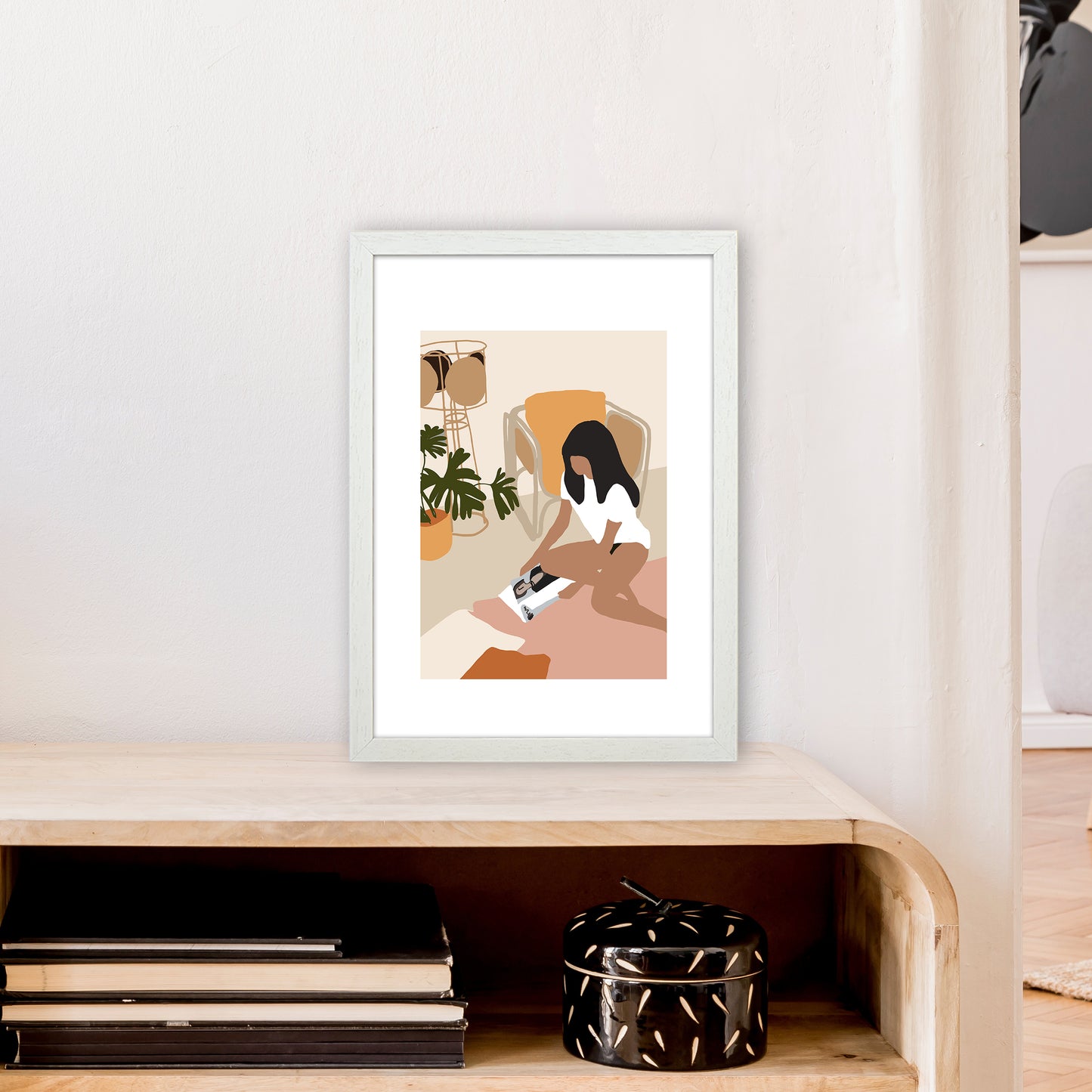 Mica Girl With Magazine N4 Art Print by Pixy Paper A3 Oak Frame