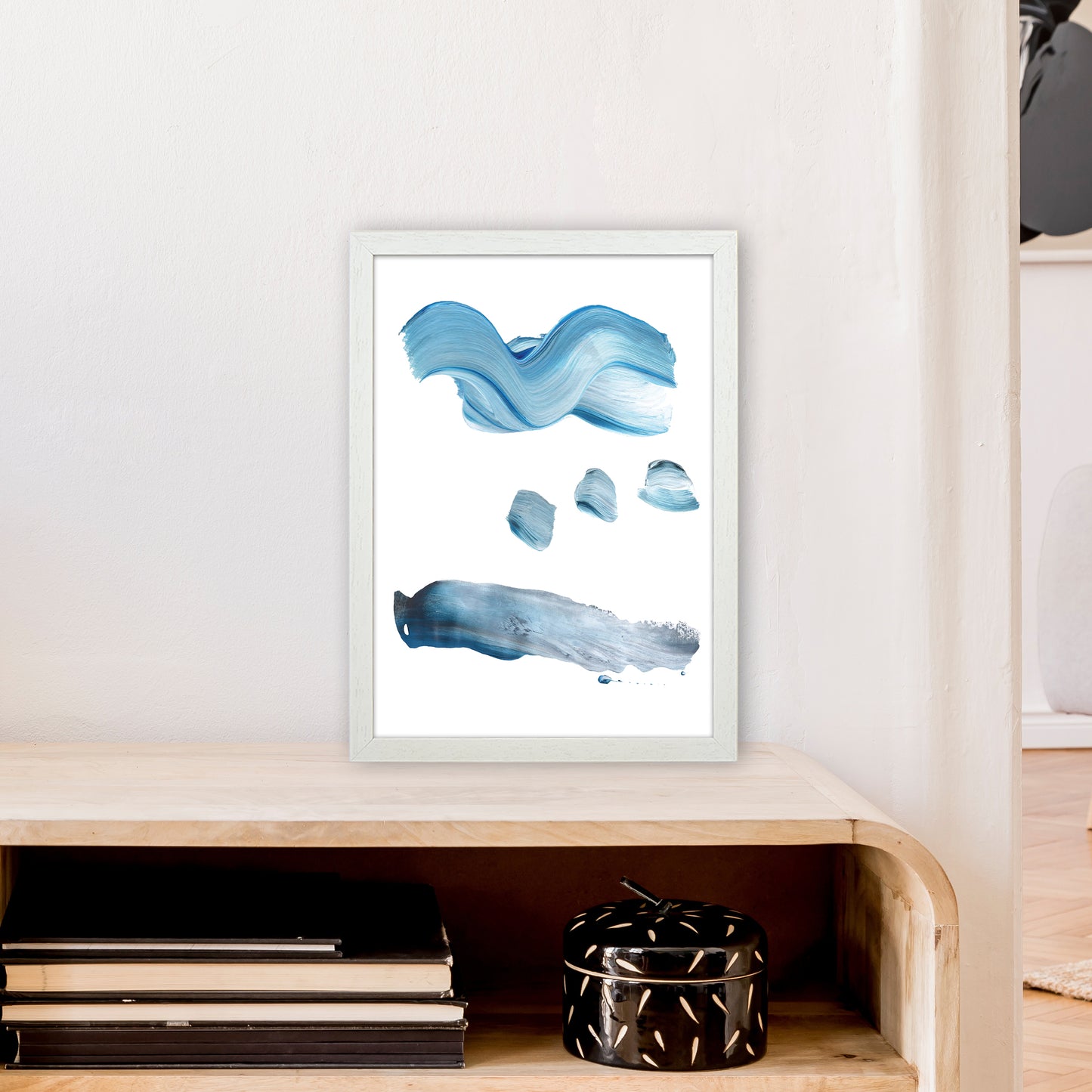 Light Blue Paint Strokes Art Print by Pixy Paper A3 Oak Frame