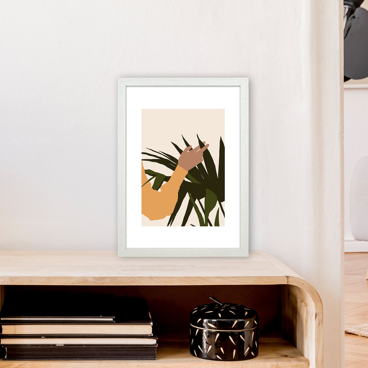 Mica Hand On Plant - N5 Art Print by Pixy Paper A3 Oak Frame