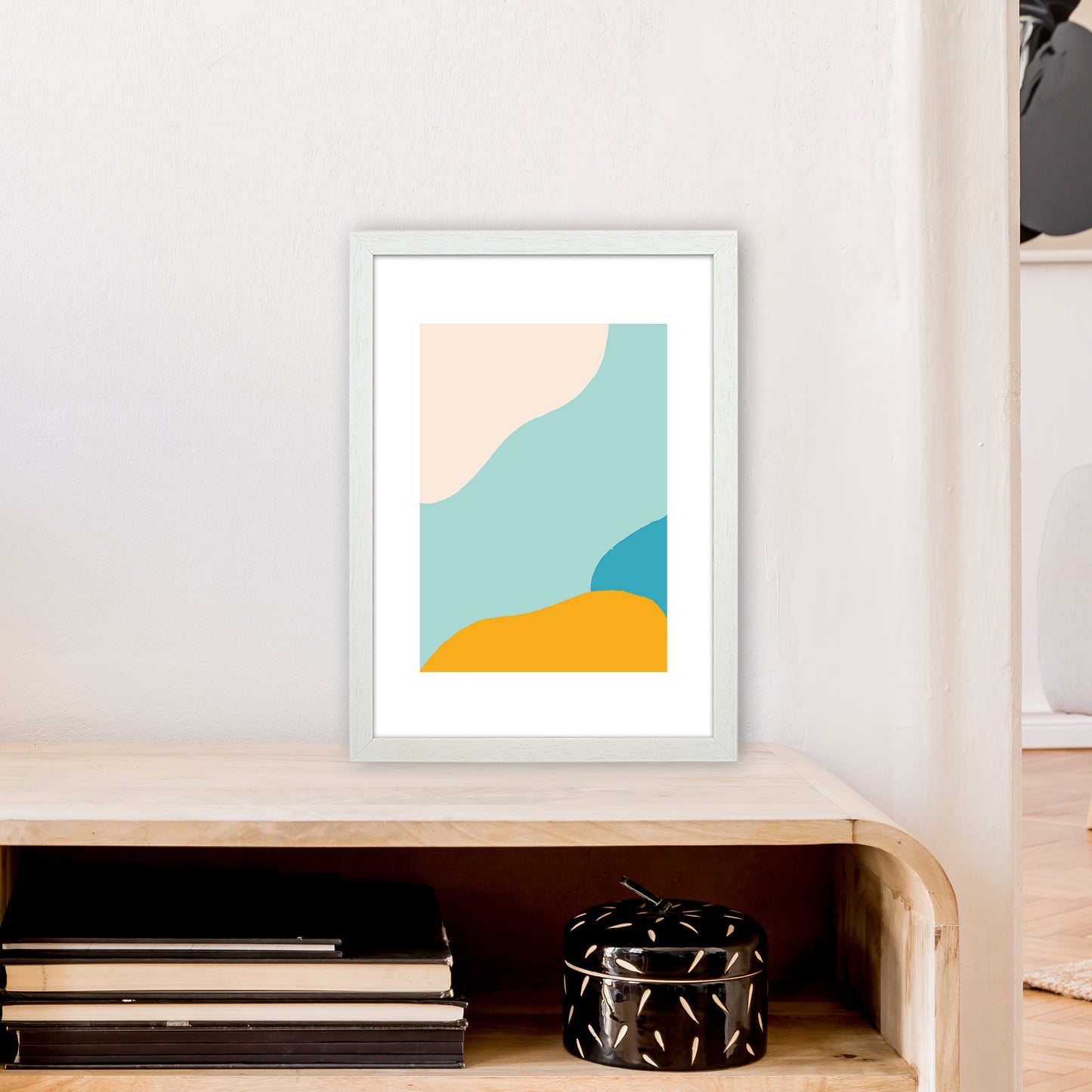 Mita Teal Abstract N18 Art Print by Pixy Paper A3 Oak Frame