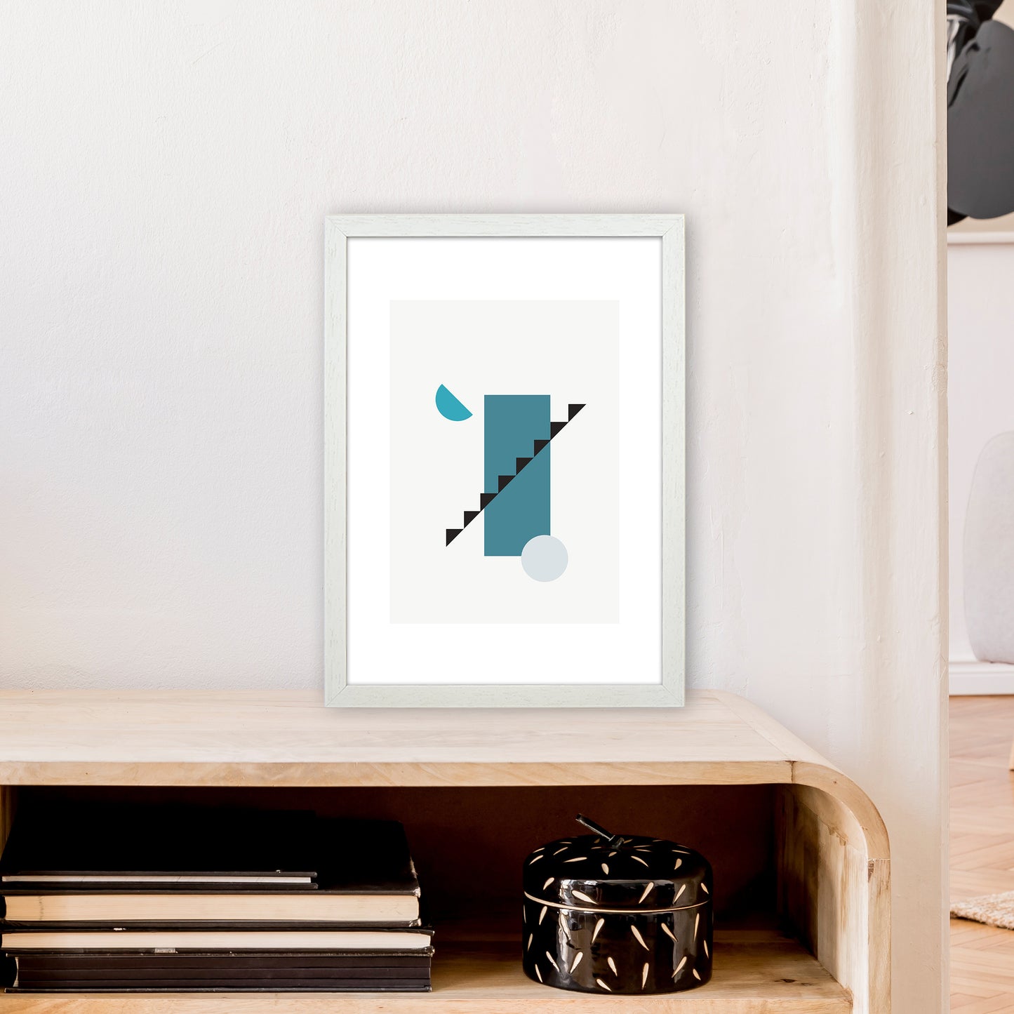 Mita Teal Abstract N11 Art Print by Pixy Paper A3 Oak Frame