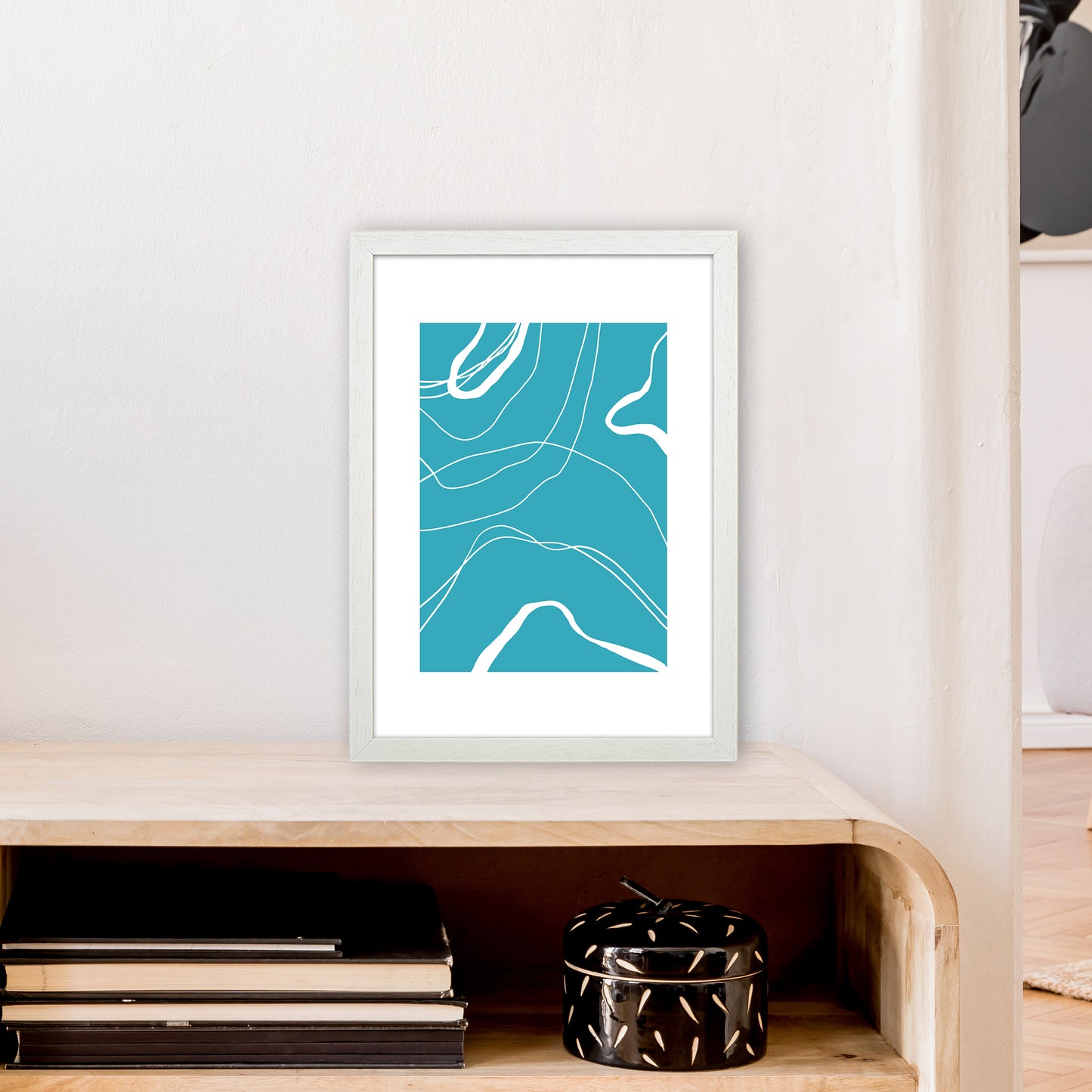 Mita Teal Swirls N13 Art Print by Pixy Paper A3 Oak Frame