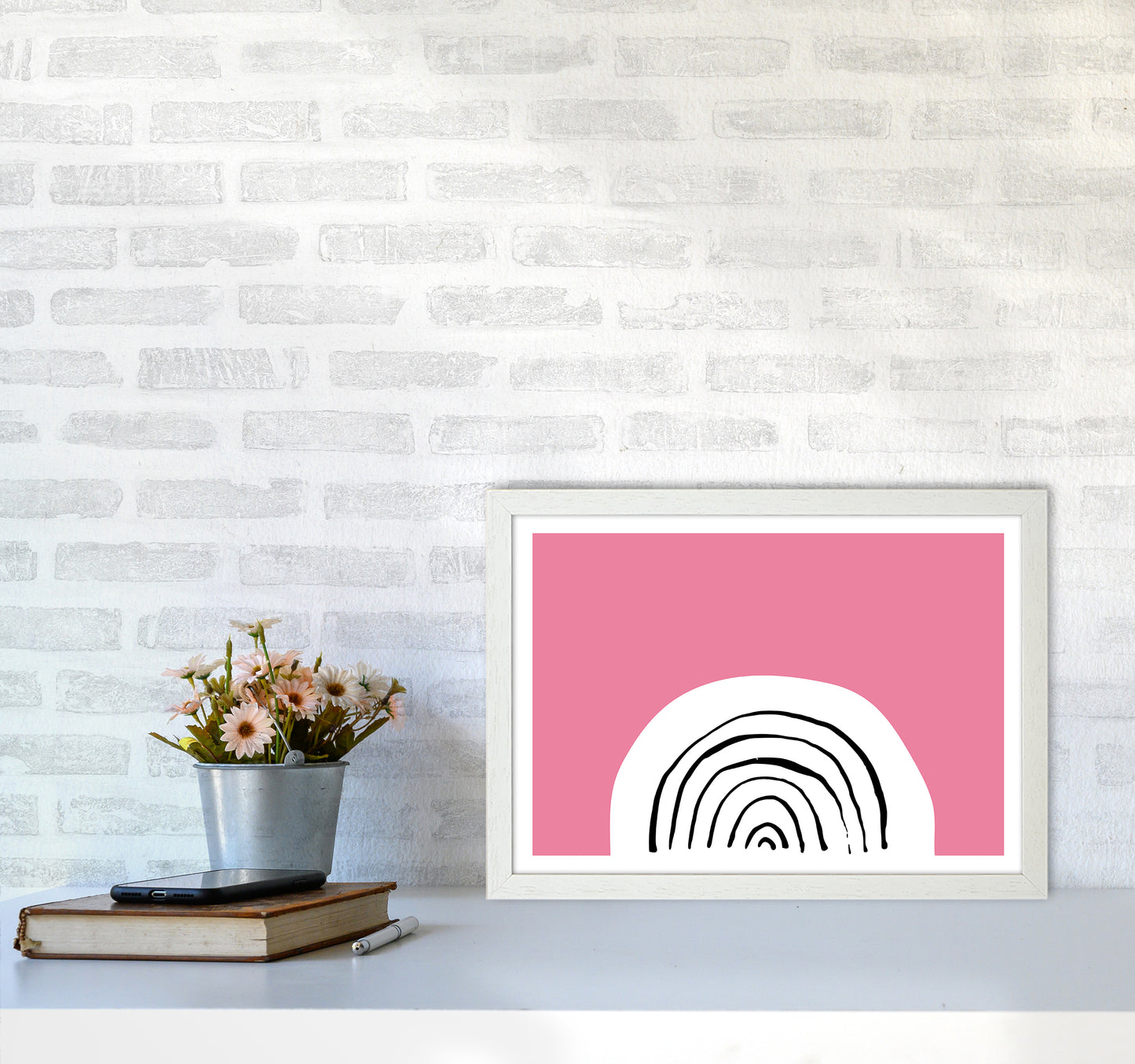 Pink Rainbow Neon Funk Art Print by Pixy Paper A3 Oak Frame