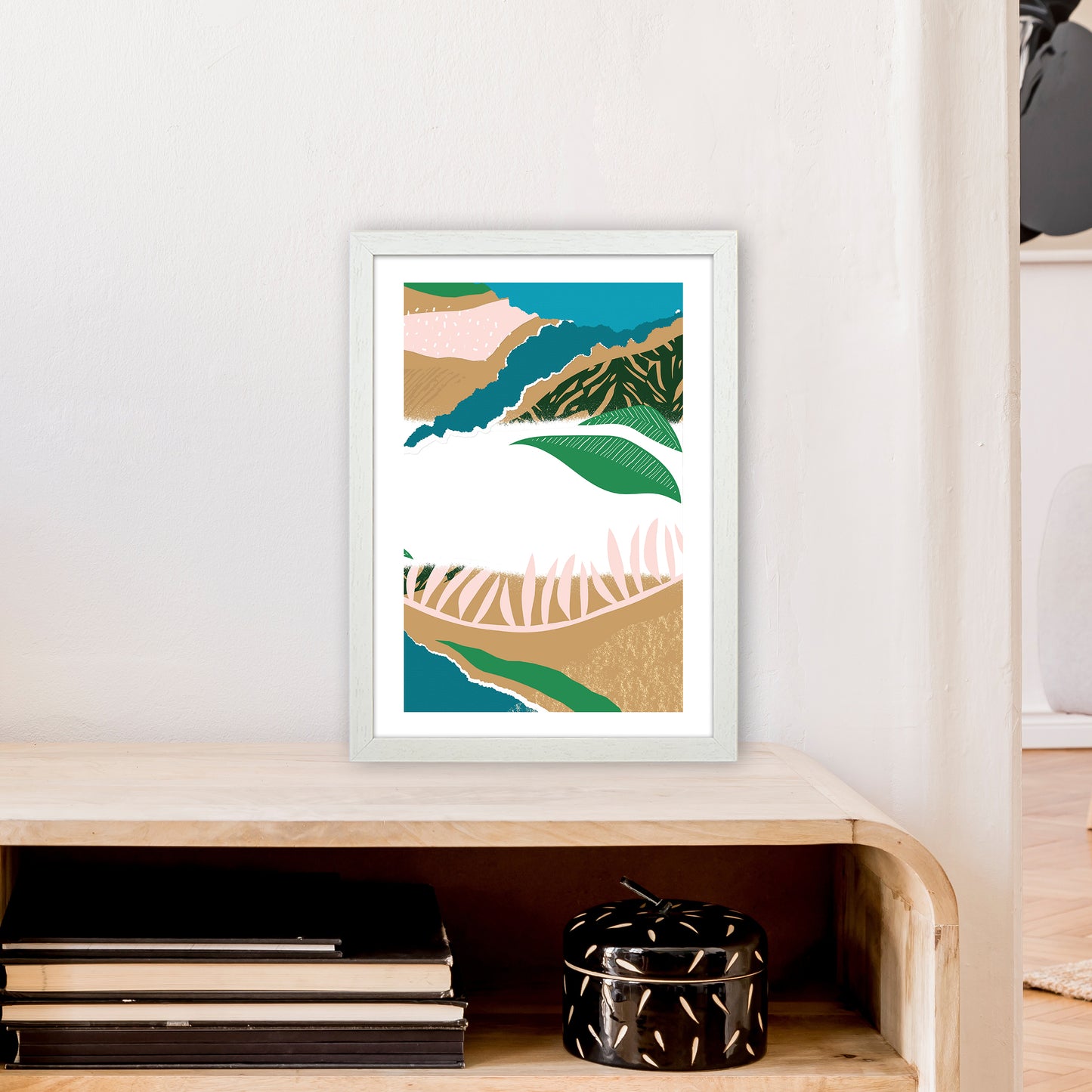 White Mixed Jungle Abstract Art Print by Pixy Paper A3 Oak Frame