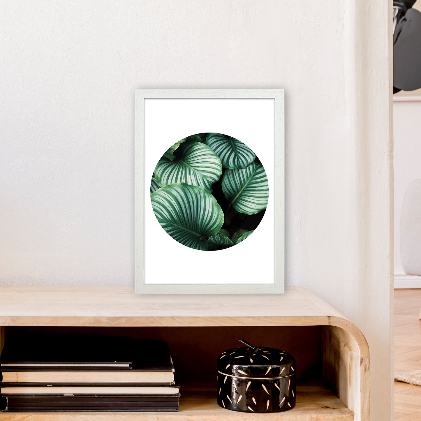 Green Leaf Circle Window Art Print by Pixy Paper A3 Oak Frame