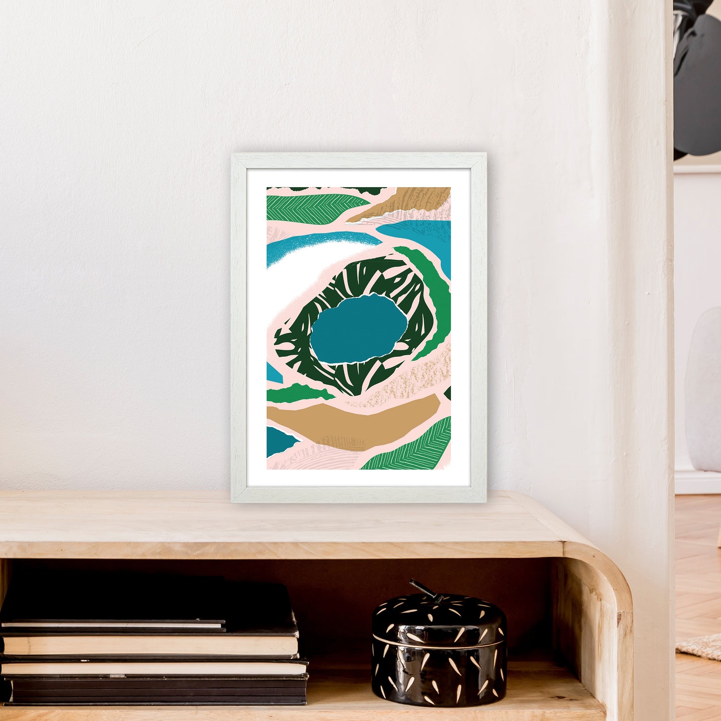 Blue Lake Jungle Abstract Art Print by Pixy Paper A3 Oak Frame