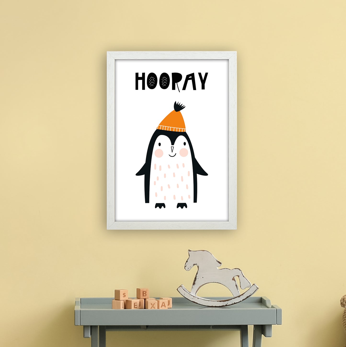 Hooray Penguin Animal Art Print by Pixy Paper A3 Oak Frame