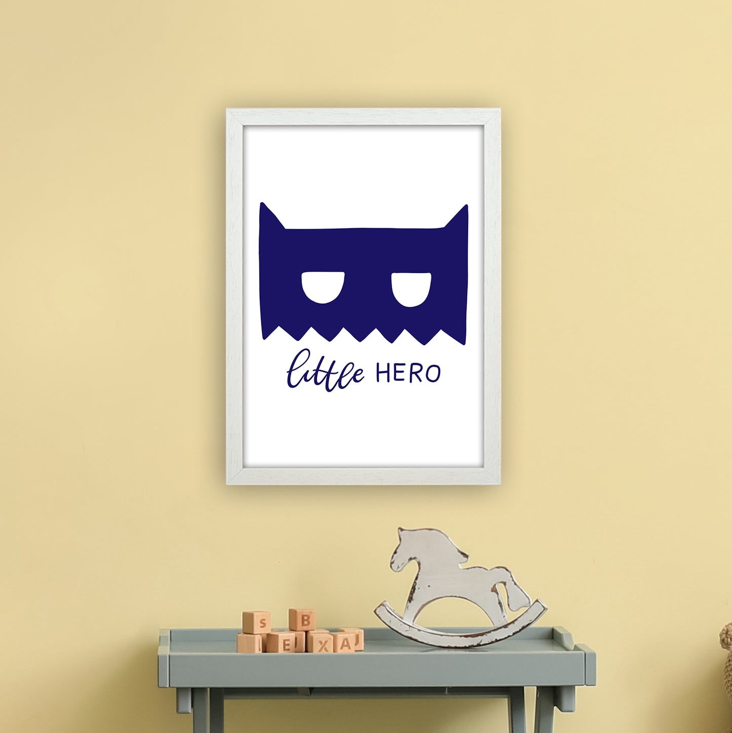 Little Hero Mask Navy Super Scandi Art Print by Pixy Paper A3 Oak Frame