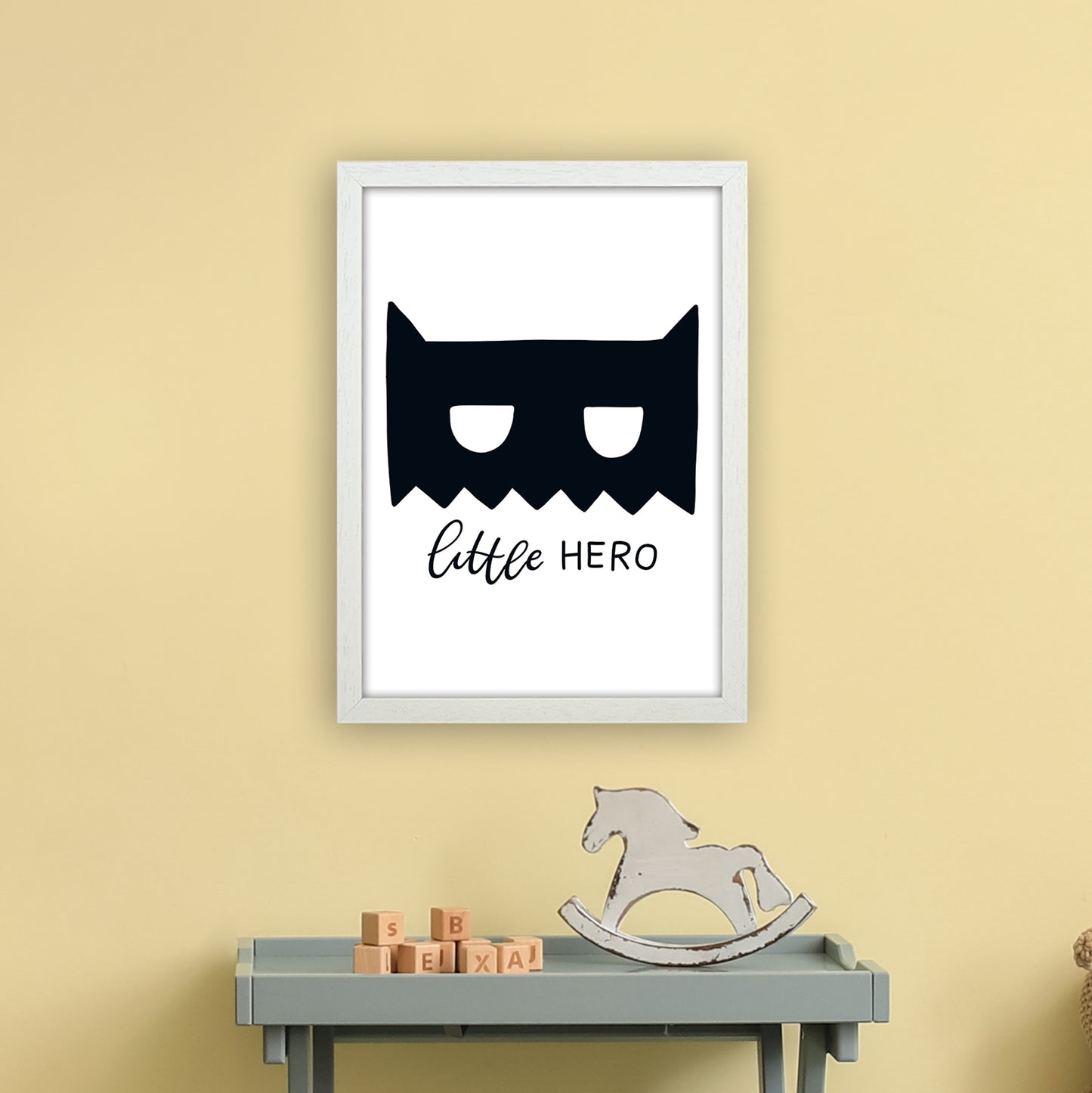 Little Hero Mask Super Scandi Black Art Print by Pixy Paper A3 Oak Frame
