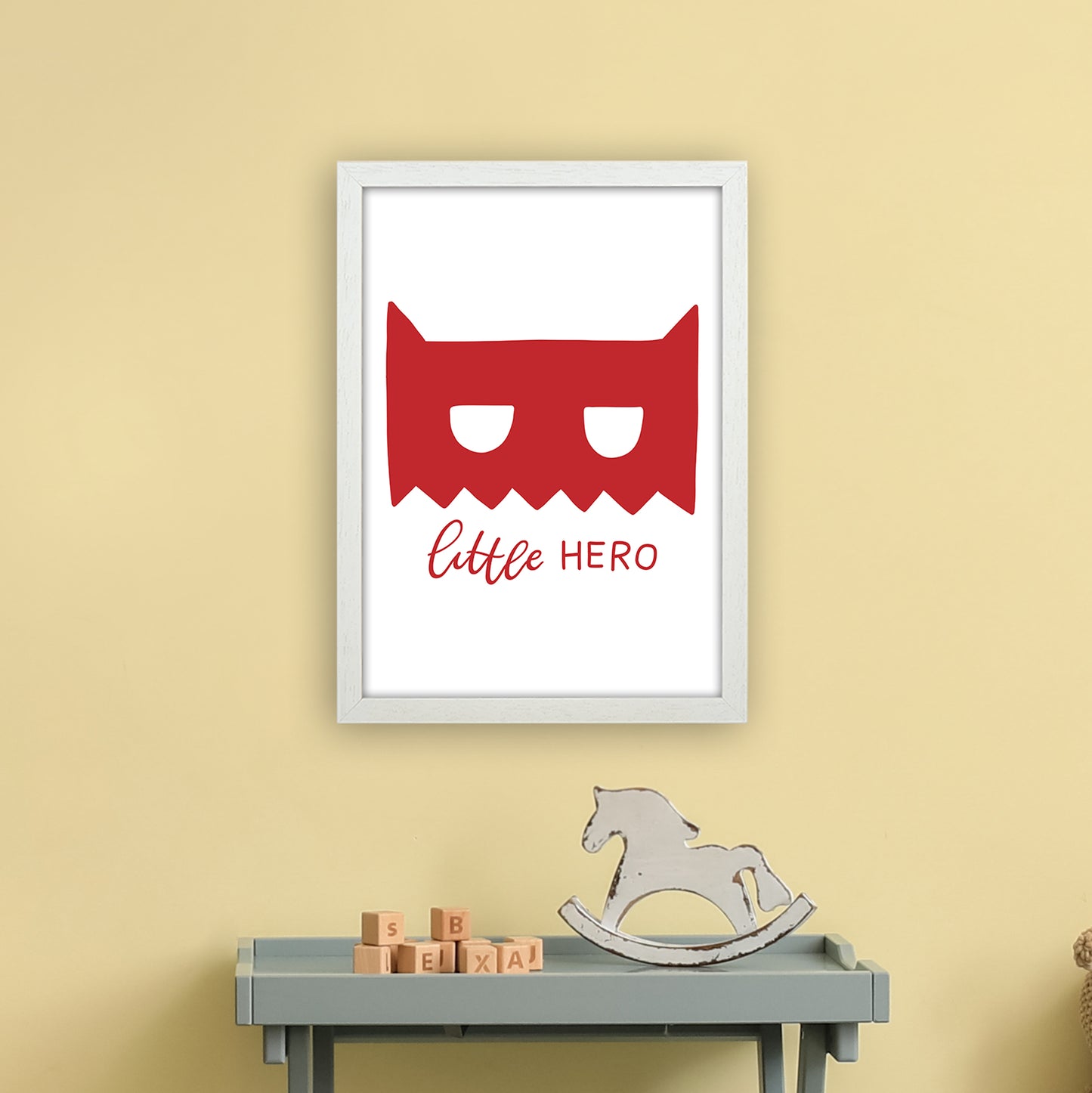 Little Hero Mask Red Super Scandi Art Print by Pixy Paper A3 Oak Frame