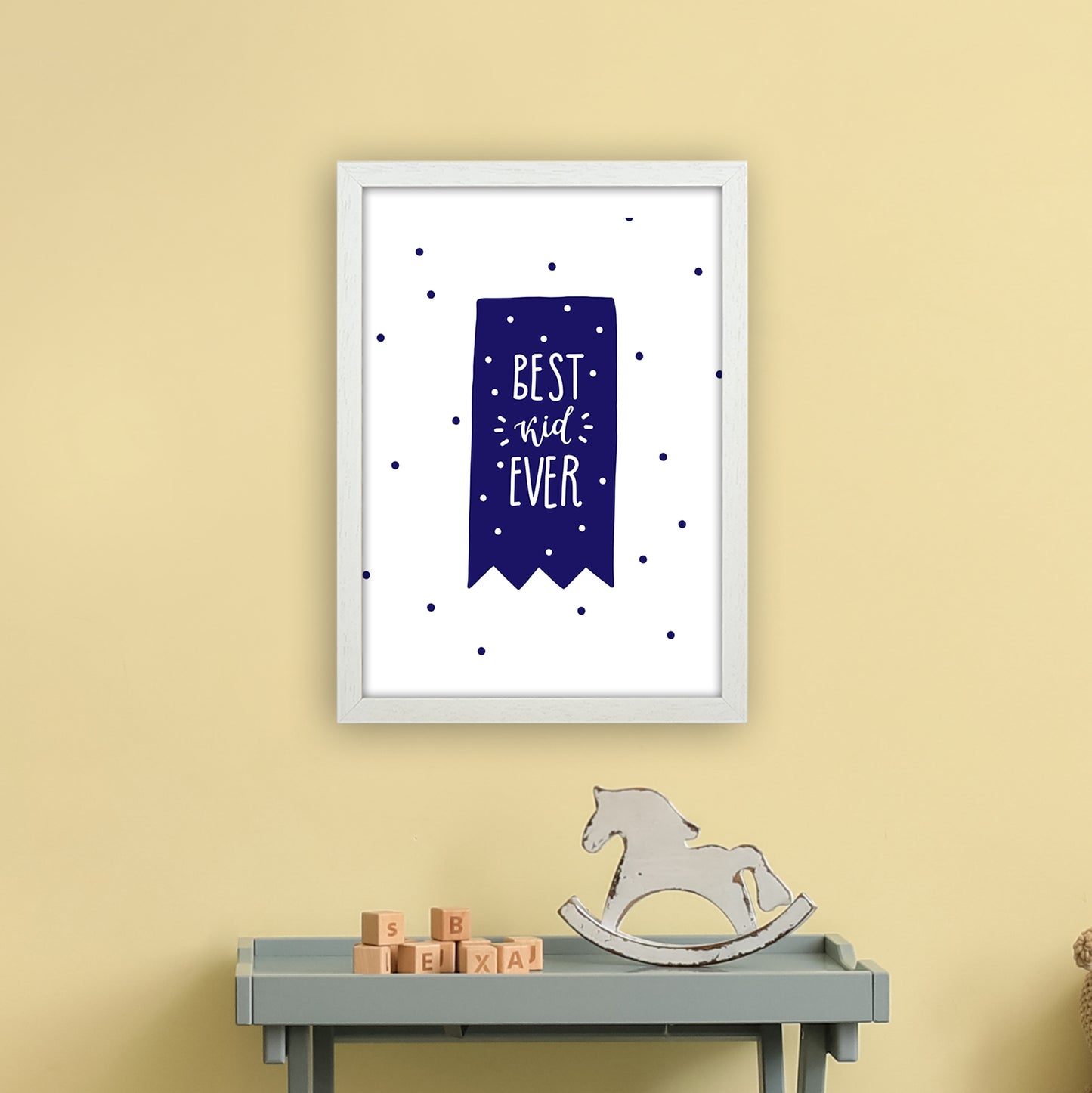 Best Kid Ever Navy Super Scandi Art Print by Pixy Paper A3 Oak Frame