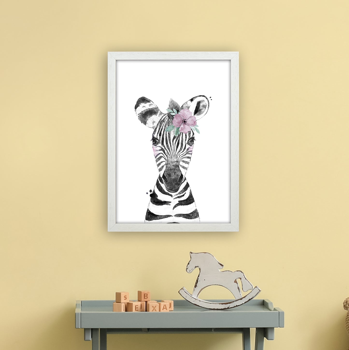 Safari Babies Zebra With Flower Art Print by Pixy Paper A3 Oak Frame