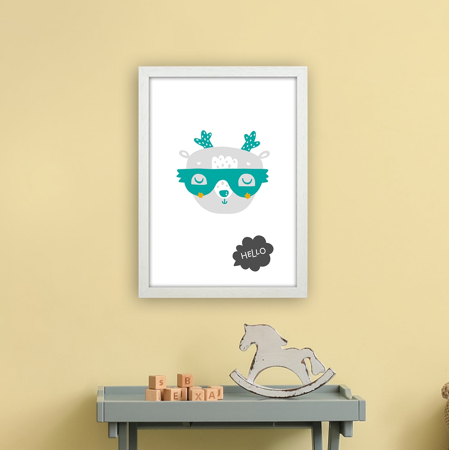 Hello Animal Teal Super Scandi Art Print by Pixy Paper A3 Oak Frame