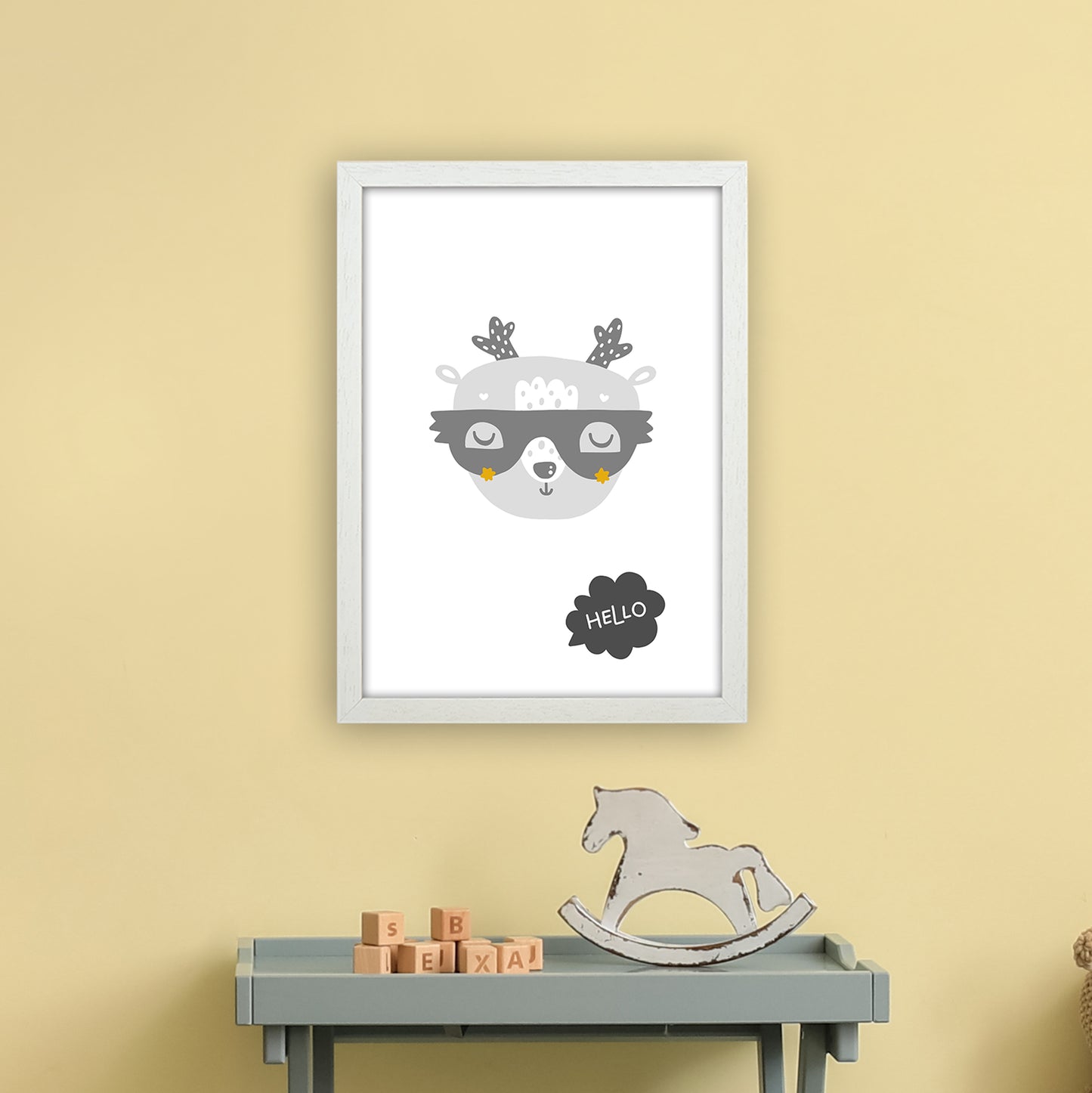 Hello Animal Super Scandi Grey Art Print by Pixy Paper A3 Oak Frame