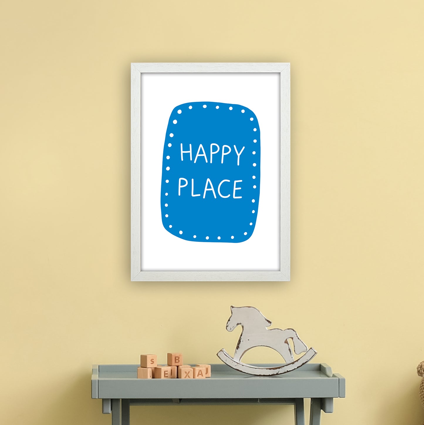 Happy Place Blue Super Scandi Art Print by Pixy Paper A3 Oak Frame