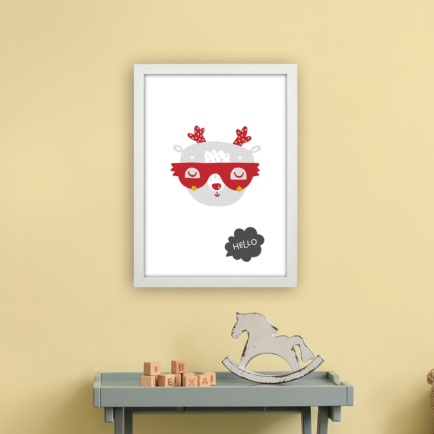 Hello Animal Red Super Scandi Art Print by Pixy Paper A3 Oak Frame