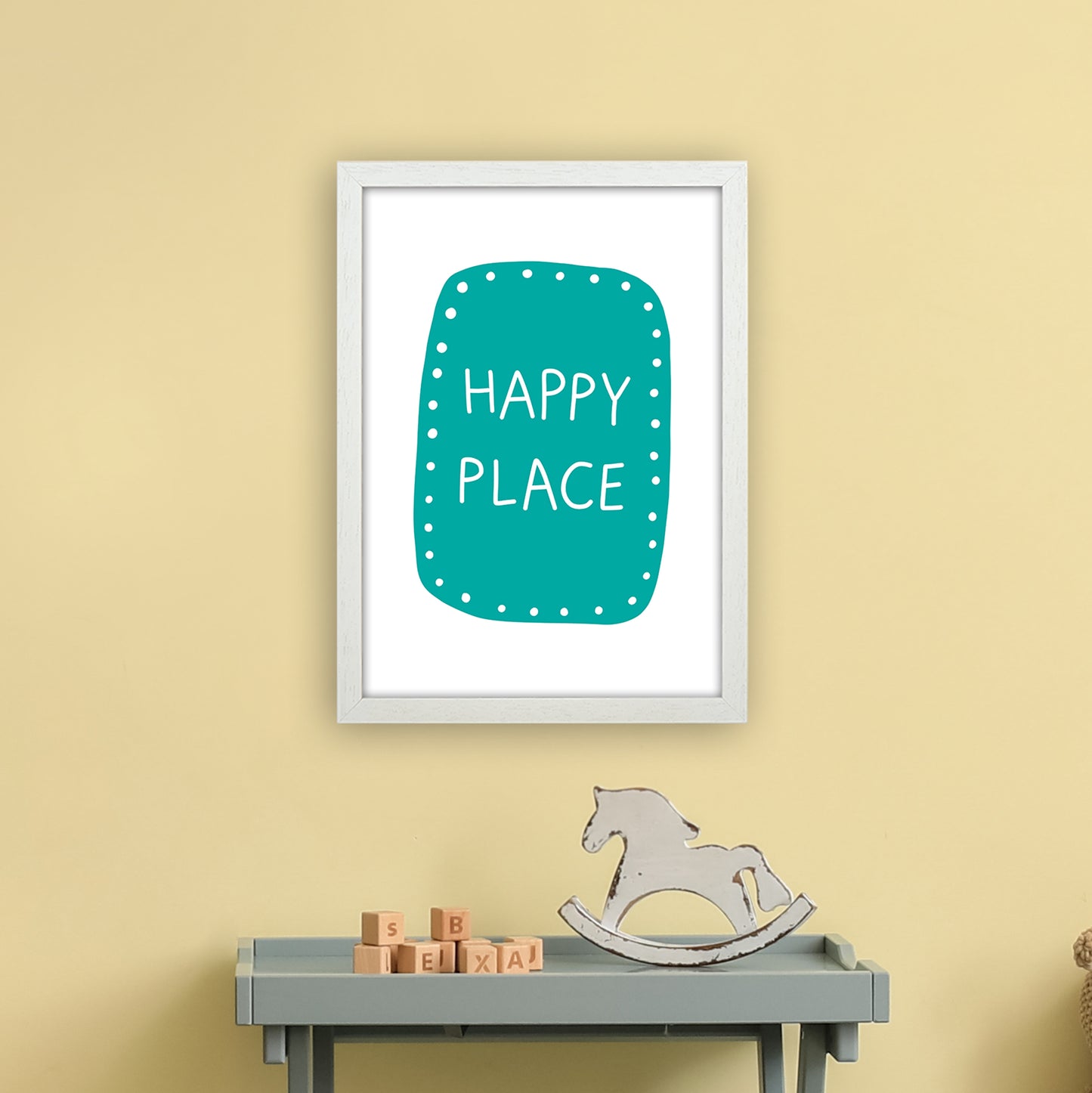 Happy Place Teal Super Scandi Art Print by Pixy Paper A3 Oak Frame