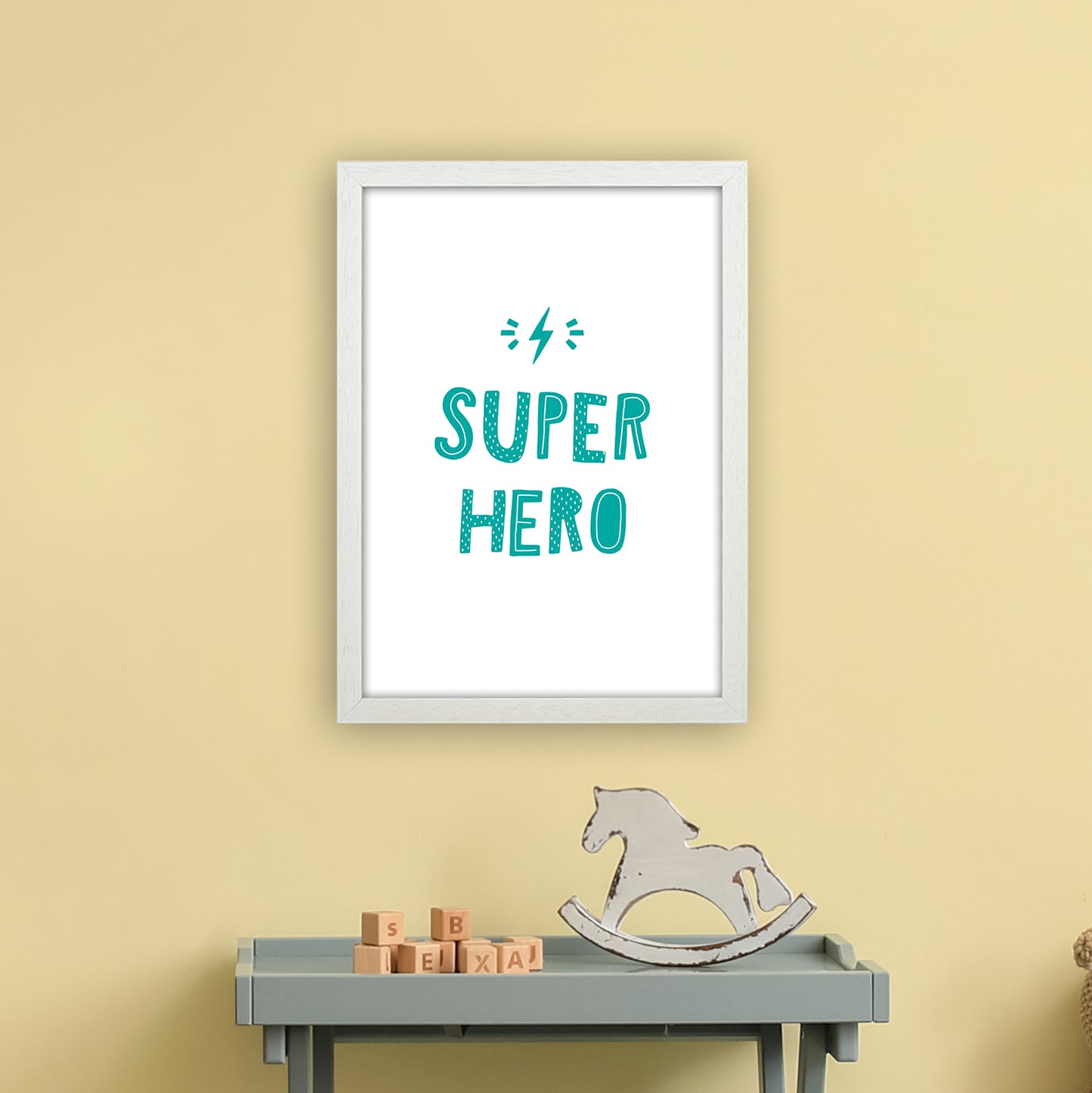 Super Hero Teal Super Scandi Art Print by Pixy Paper A3 Oak Frame