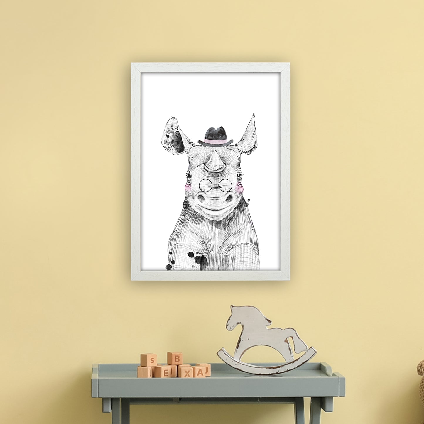 Safari Babies Rhino With Hat Art Print by Pixy Paper A3 Oak Frame