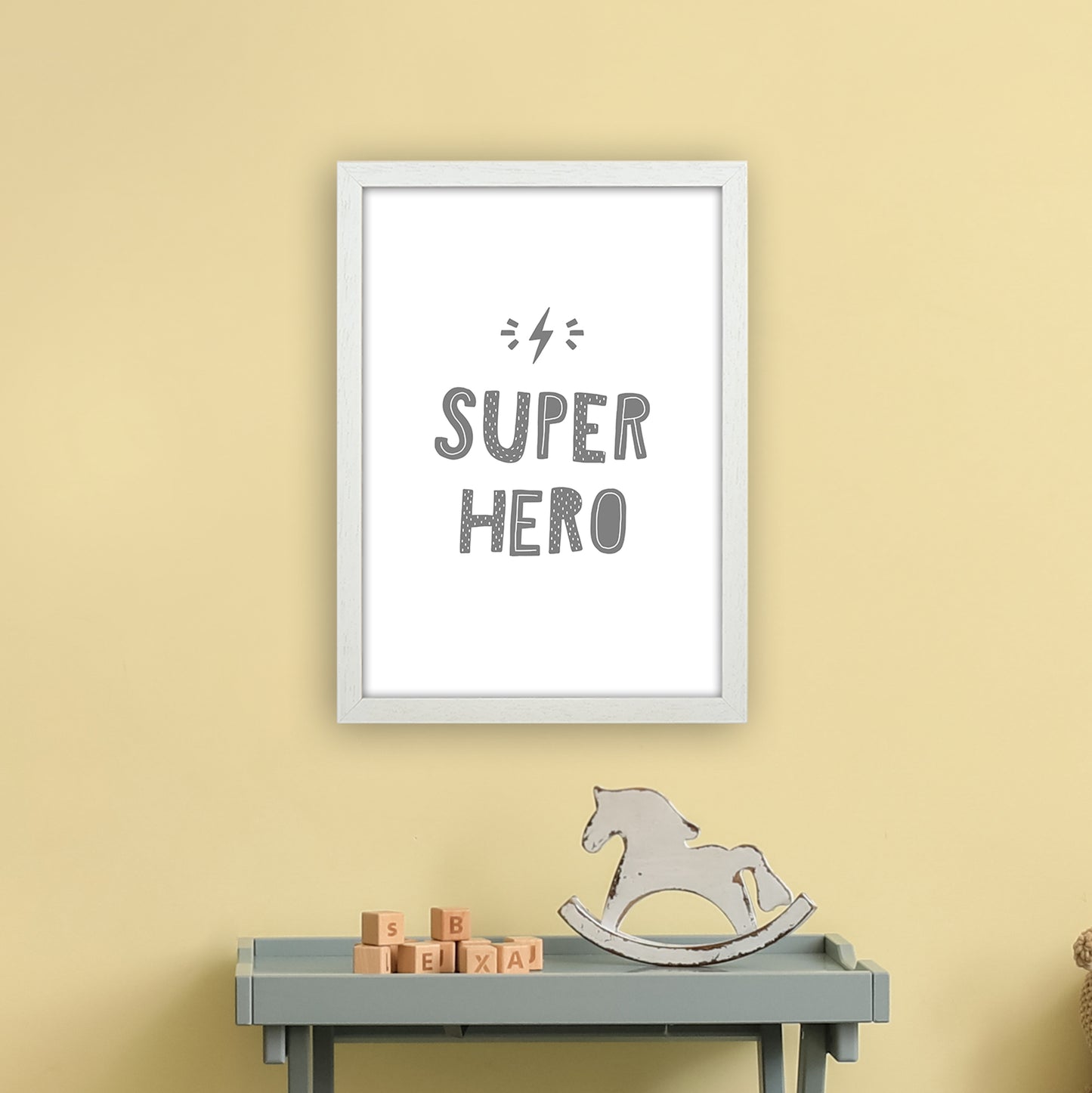 Super Hero Grey Super Scandi Art Print by Pixy Paper A3 Oak Frame
