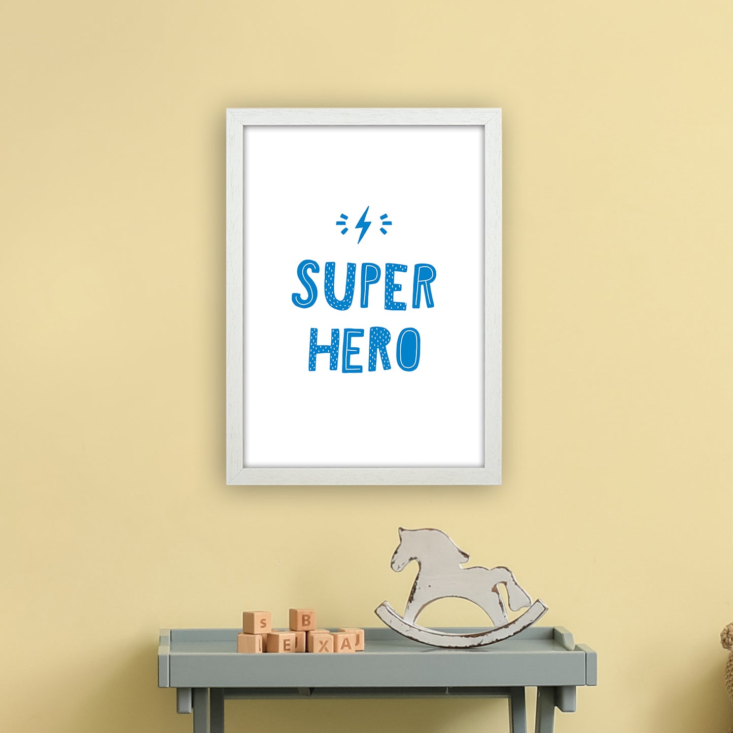 Super Hero Blue Super Scandi Art Print by Pixy Paper A3 Oak Frame