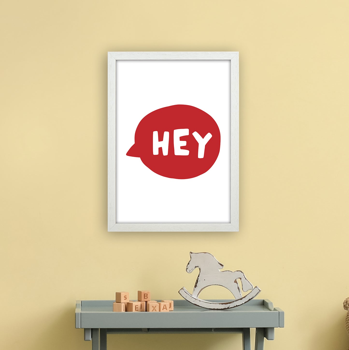 Hey Bubble Red Super Scandi Art Print by Pixy Paper A3 Oak Frame