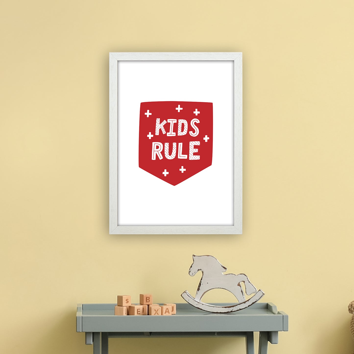 Kids Rule Red Super Scandi Art Print by Pixy Paper A3 Oak Frame