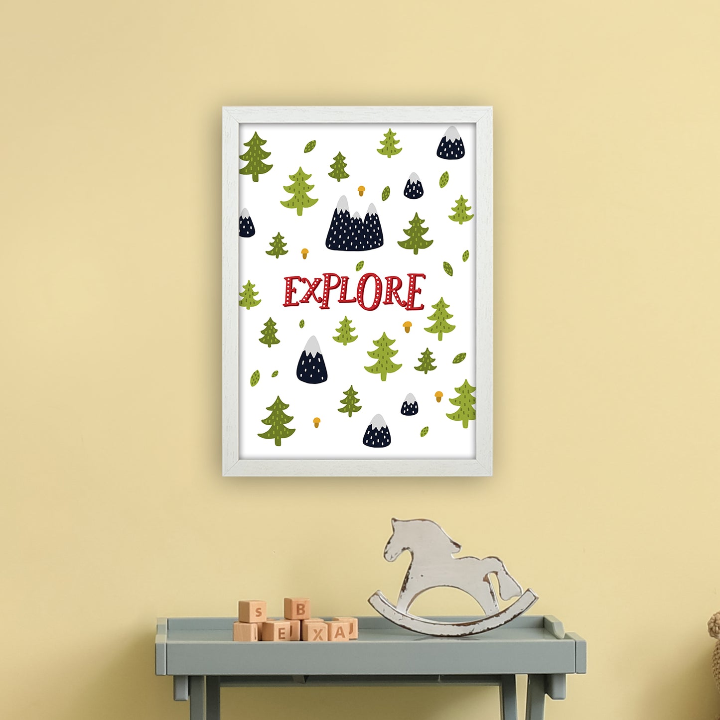 Little Explorer Trees Red Art Print by Pixy Paper A3 Oak Frame