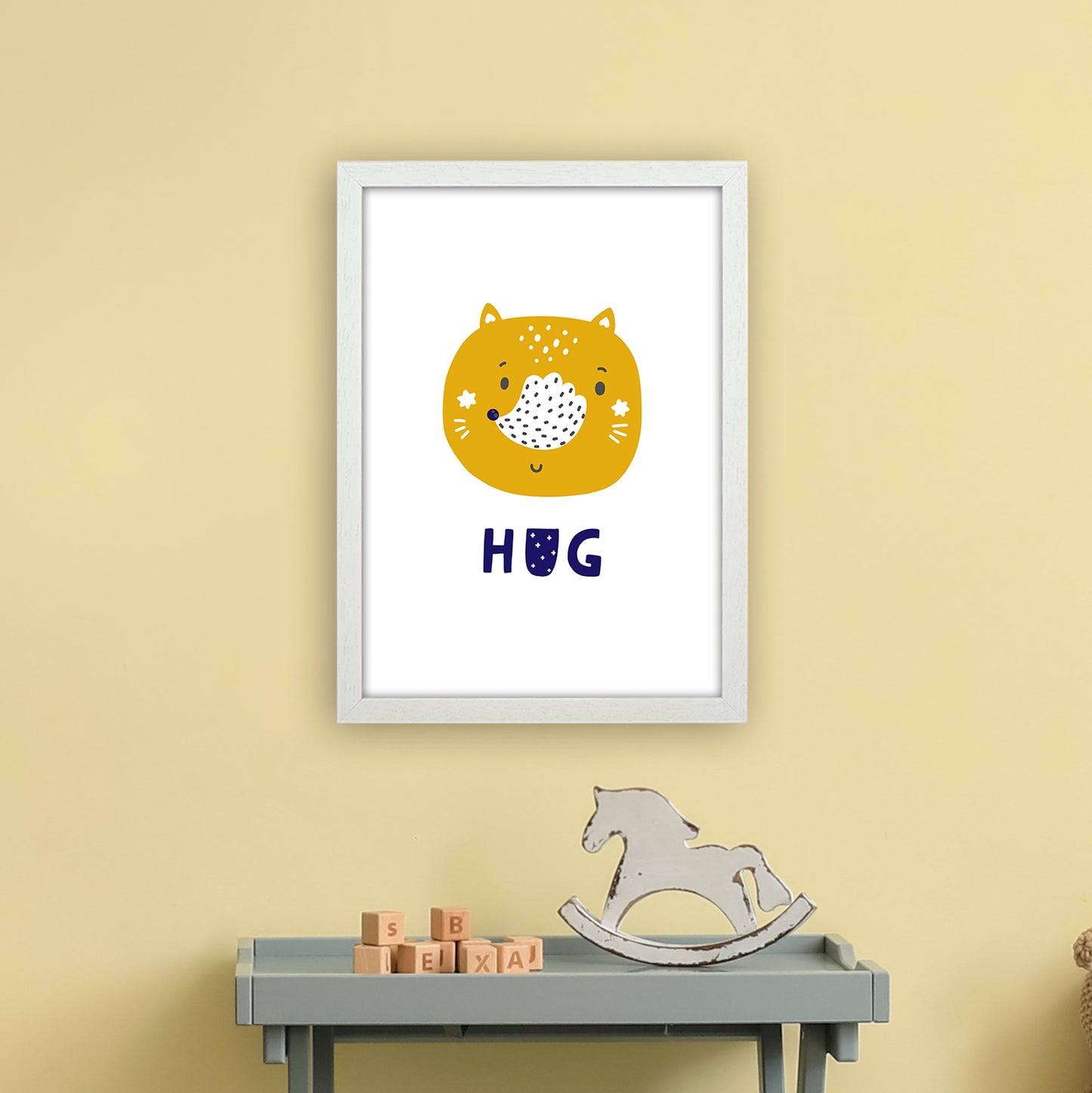 Fox Hug Navy Super Scandi Art Print by Pixy Paper A3 Oak Frame