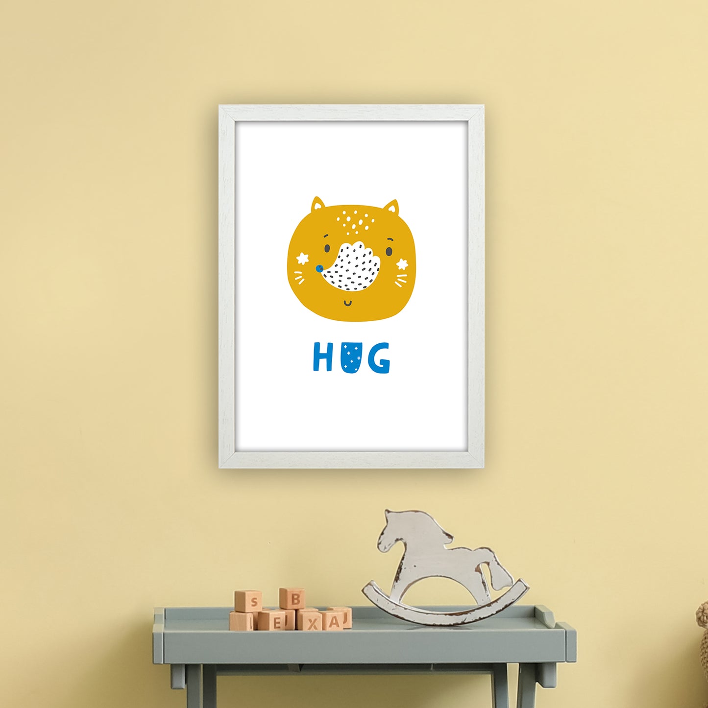Fox Hug Blue Super Scandi Art Print by Pixy Paper A3 Oak Frame