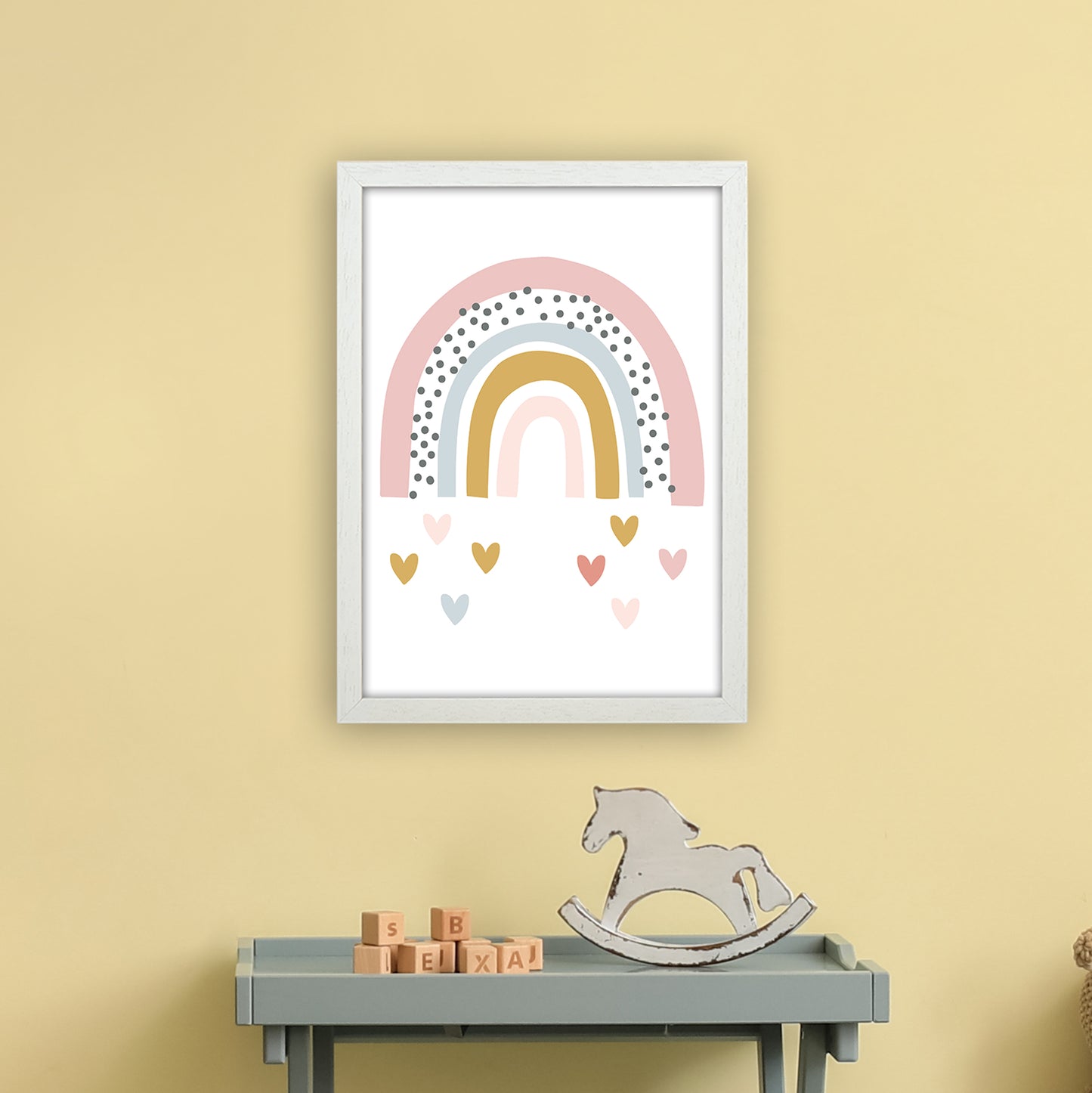 Rainbow With Heart Drops Art Print by Pixy Paper A3 Oak Frame
