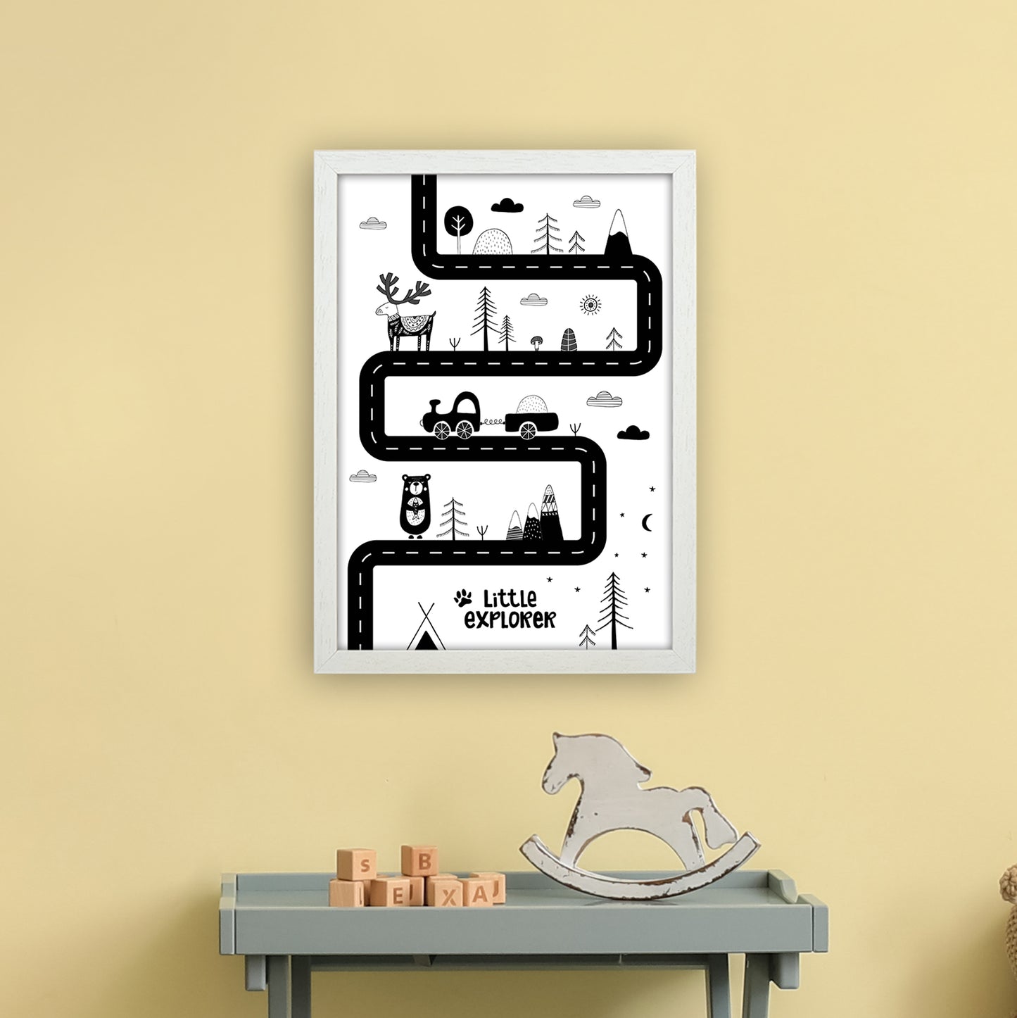 Little Explorer Track Art Print by Pixy Paper A3 Oak Frame
