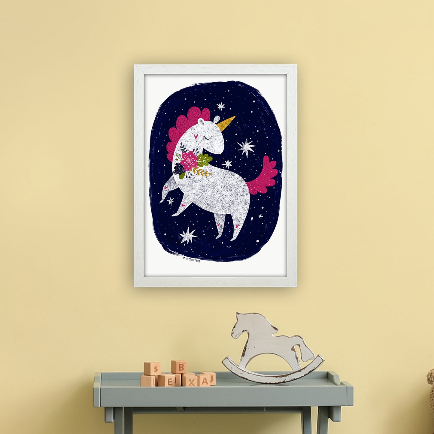 Magical Night Unicorn Art Print by Pixy Paper A3 Oak Frame