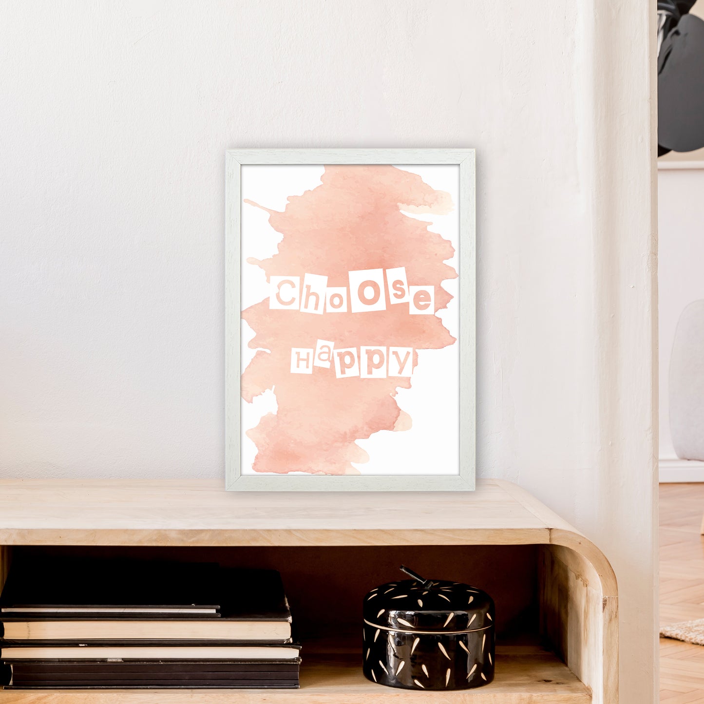 Choose Happy Watercolour Art Print by Pixy Paper A3 Oak Frame