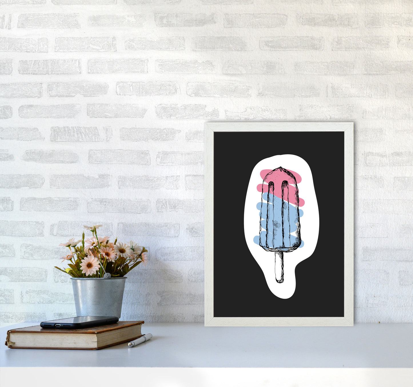 Kitchen Pop Ice Lolly Off Black Art Print by Pixy Paper A3 Oak Frame