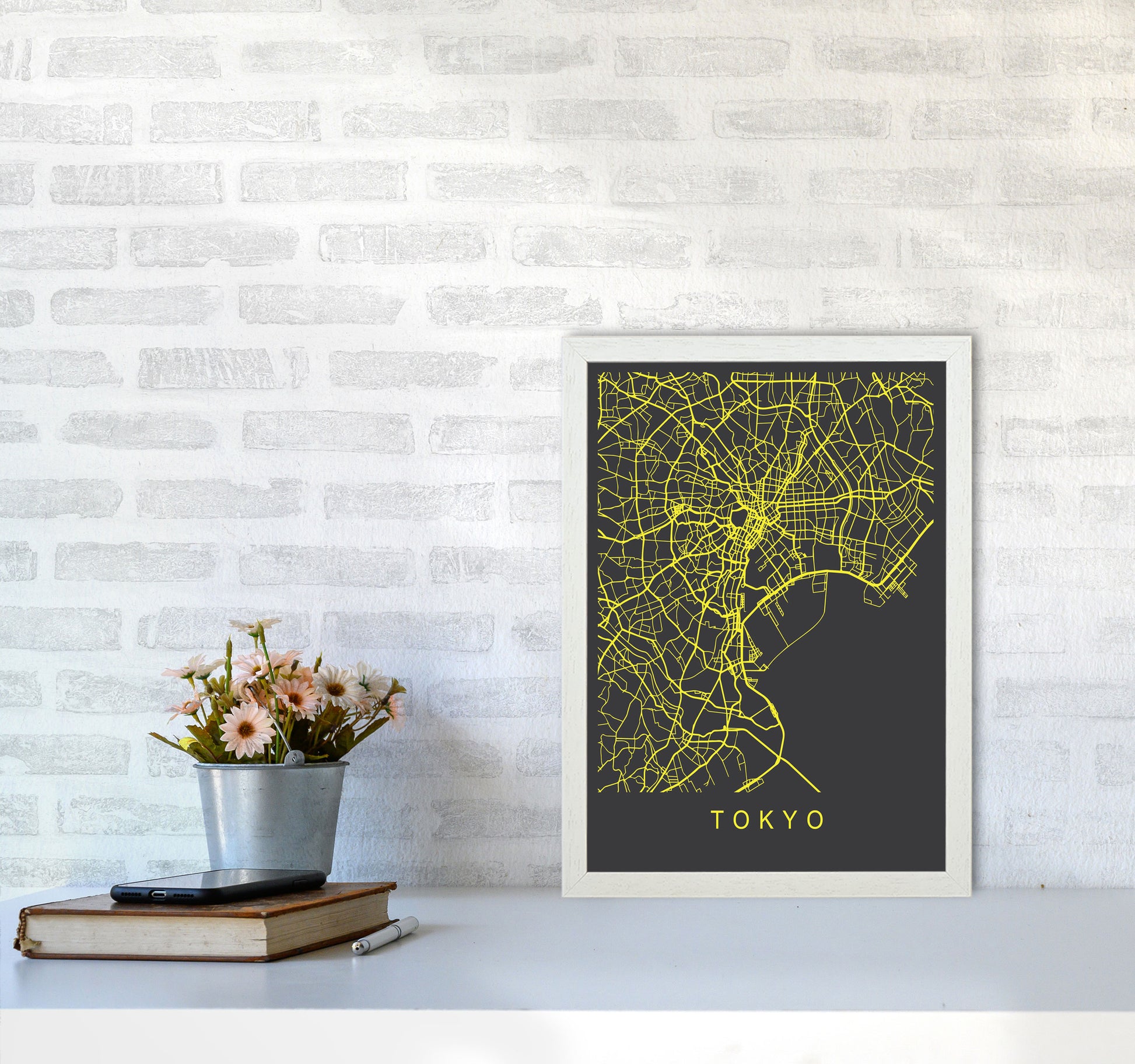 Tokyo Map Neon Art Print by Pixy Paper A3 Oak Frame
