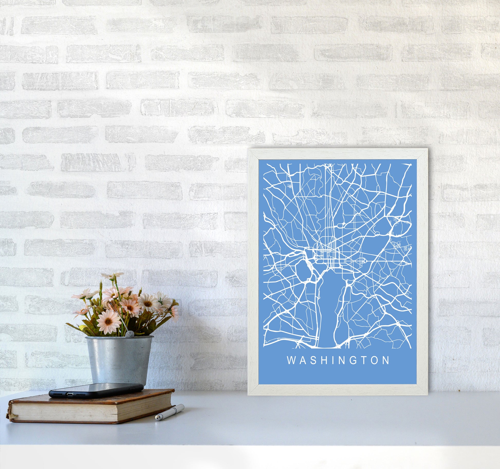 Washington Map Blueprint Art Print by Pixy Paper A3 Oak Frame